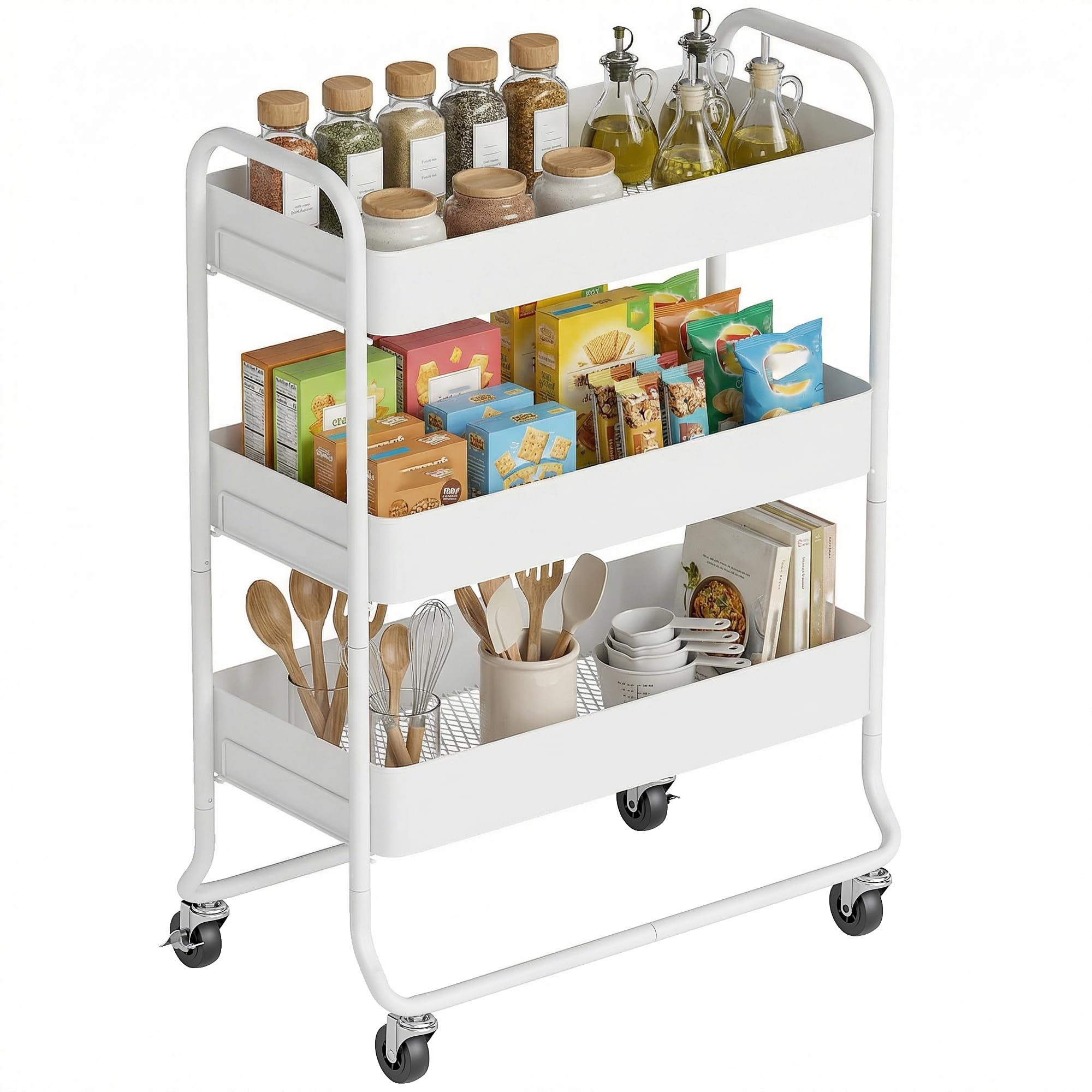 HOMCOM 3-Tier Storage Trolley, Storage Cart with Mesh Backets, Wheels in White