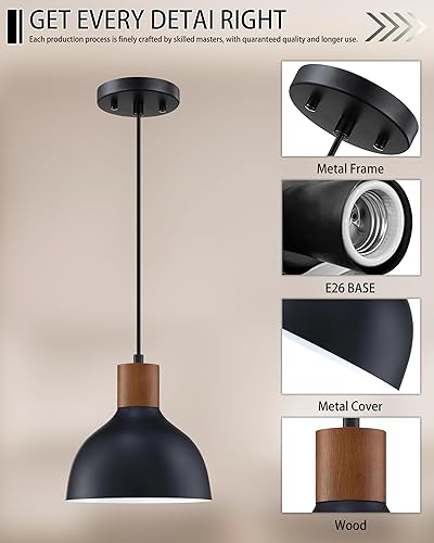 Miniatura 3 de Paquete de 3 lámparas colgantes vintage de 8 pulgadas, lámpara colgante de metal industrial con acabado negro de madera de goma para isla de cocina,
