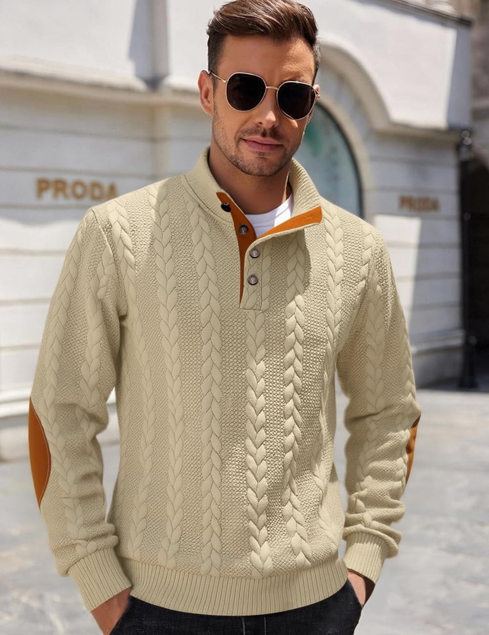 Men's Cable Knit Pullover Sweater Casual Long Sleeve Stand Collar Quarter Button Knitted Sweatshirts Quilted Sweatshirt - Image 2