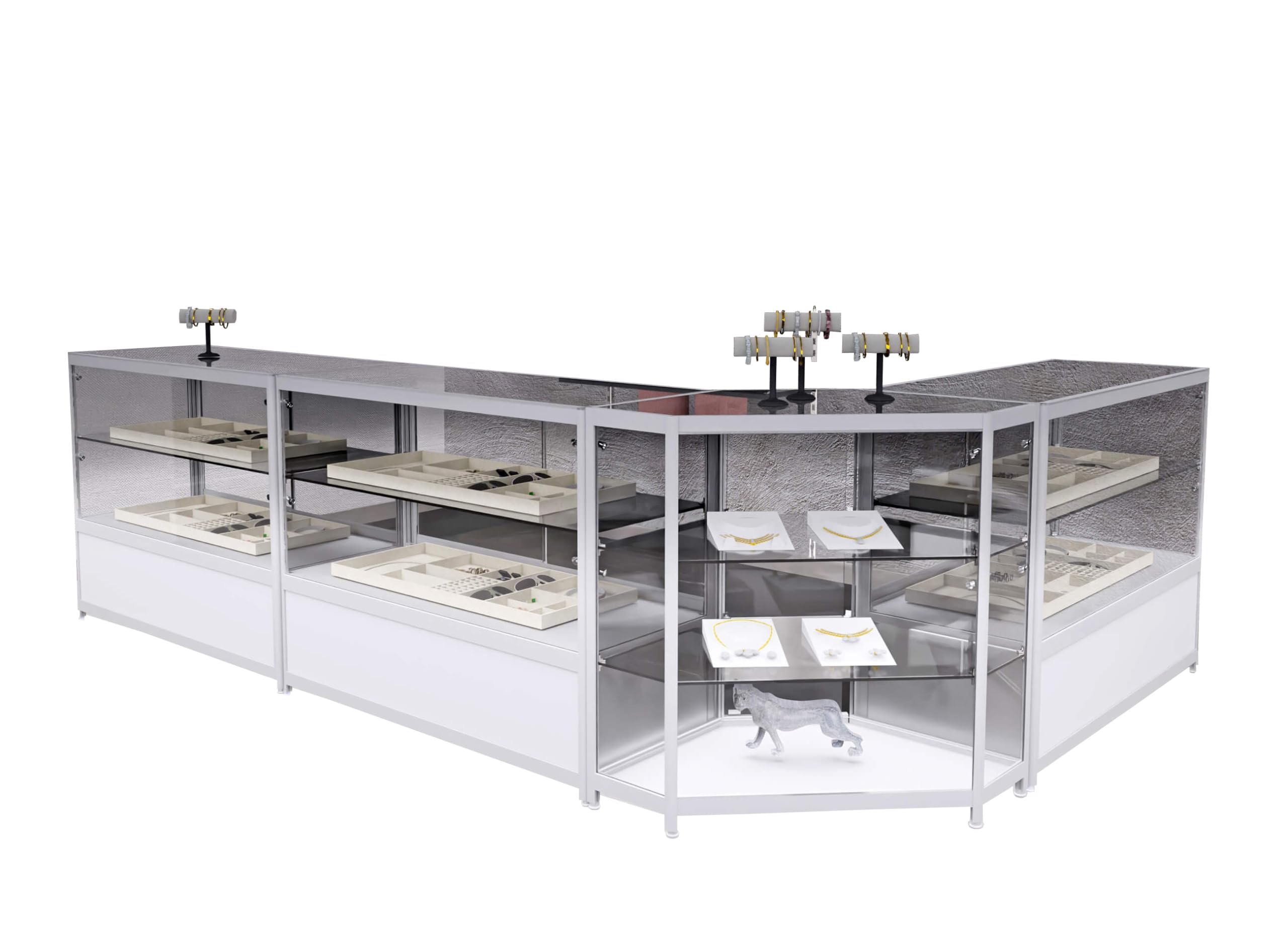 Verkaufsvitrinen silber, Set 3x Thekenvitrine mit Unterschrank B120xH94xT50 cm und 1x Eckvitrine B70,5x H94xT53,5 cm, Schmuckvitrine ESG-Sicherheitsglas mit LED-Spots, Verkaufstheke L-Form