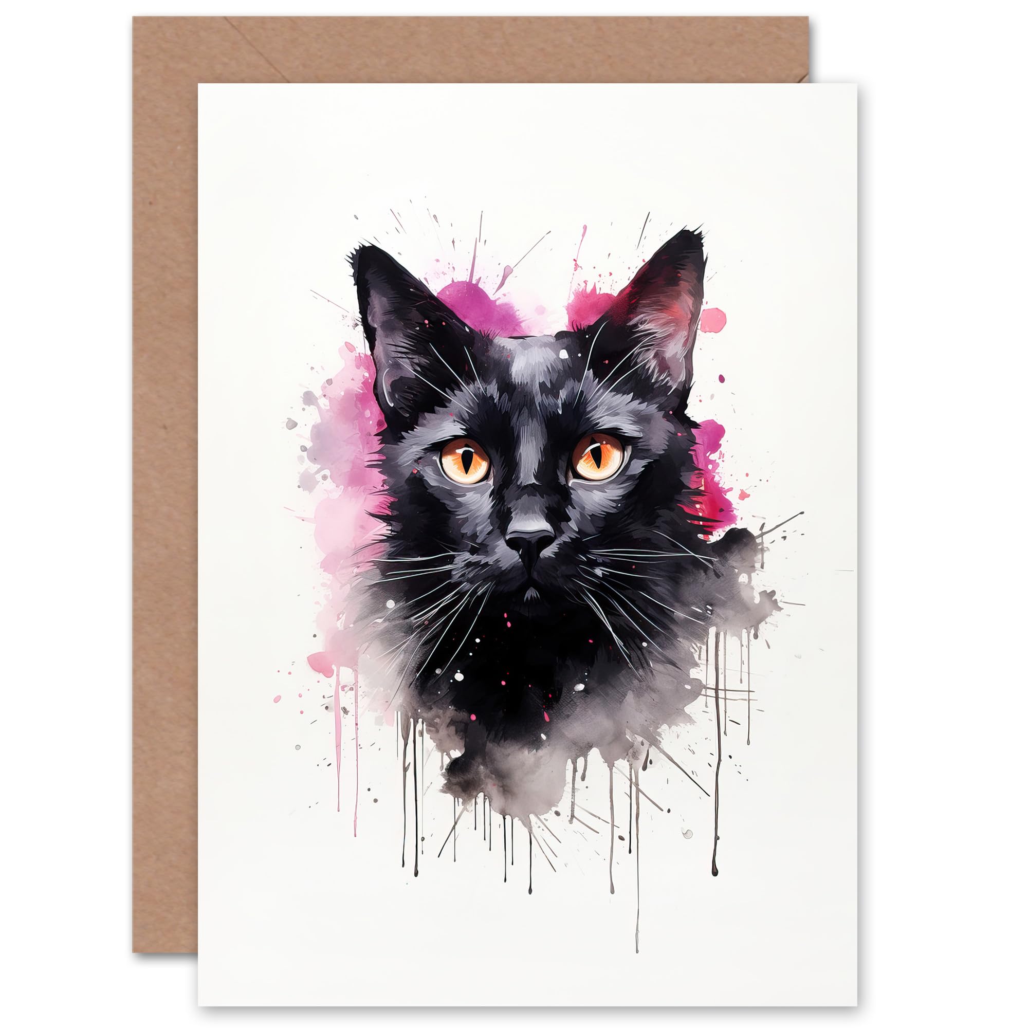 Artery8 Black Cat Lovers Gift Watercolour Pet Portrait Painting Artwork Sealed Greeting Card Plus Envelope Blank inside