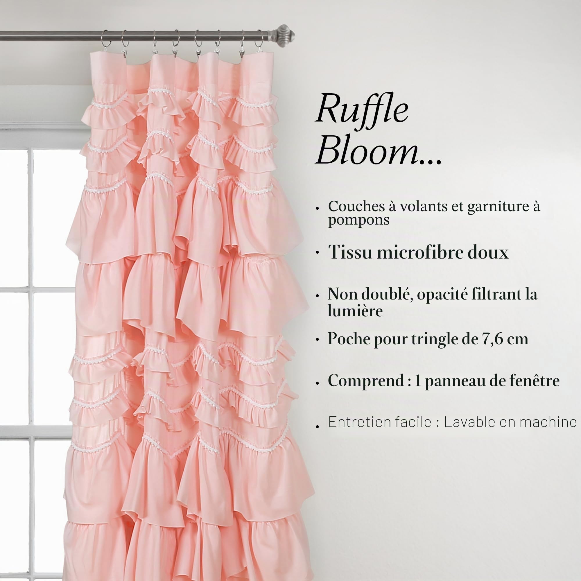 Lush Decor Kemmy Curtain | Panneau de fenêtre texturé à Volants de Style Shabby Chic pour Salon, Salle à Manger, Chambre à Coucher (Simple), 213,4 x 132,1 cm, Rose pêche