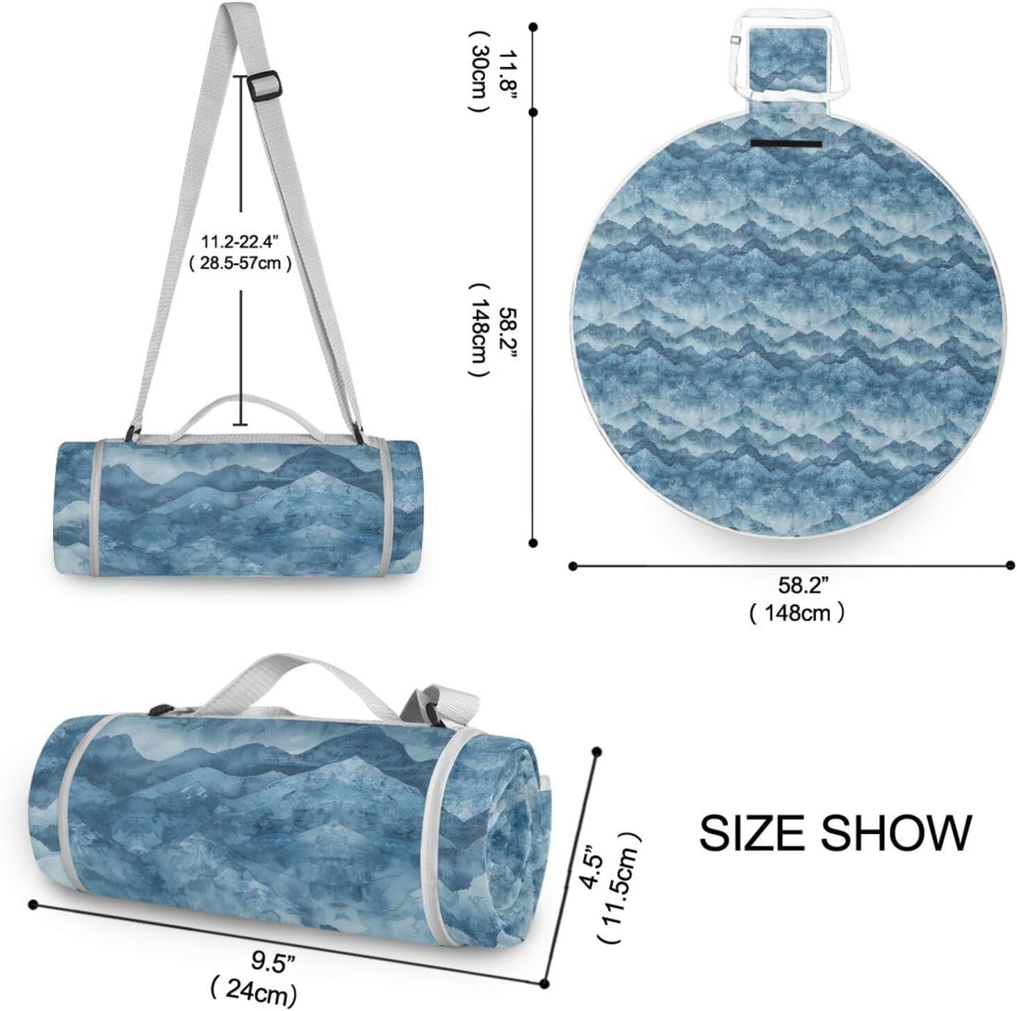 Round Outdoor Blankets - Fits 2 Adults, Summer Accessories Sandproof Camp Rug Dual Layer, Sand-Free, Soft Throw Rug 58 in (Watercolour Mountains)