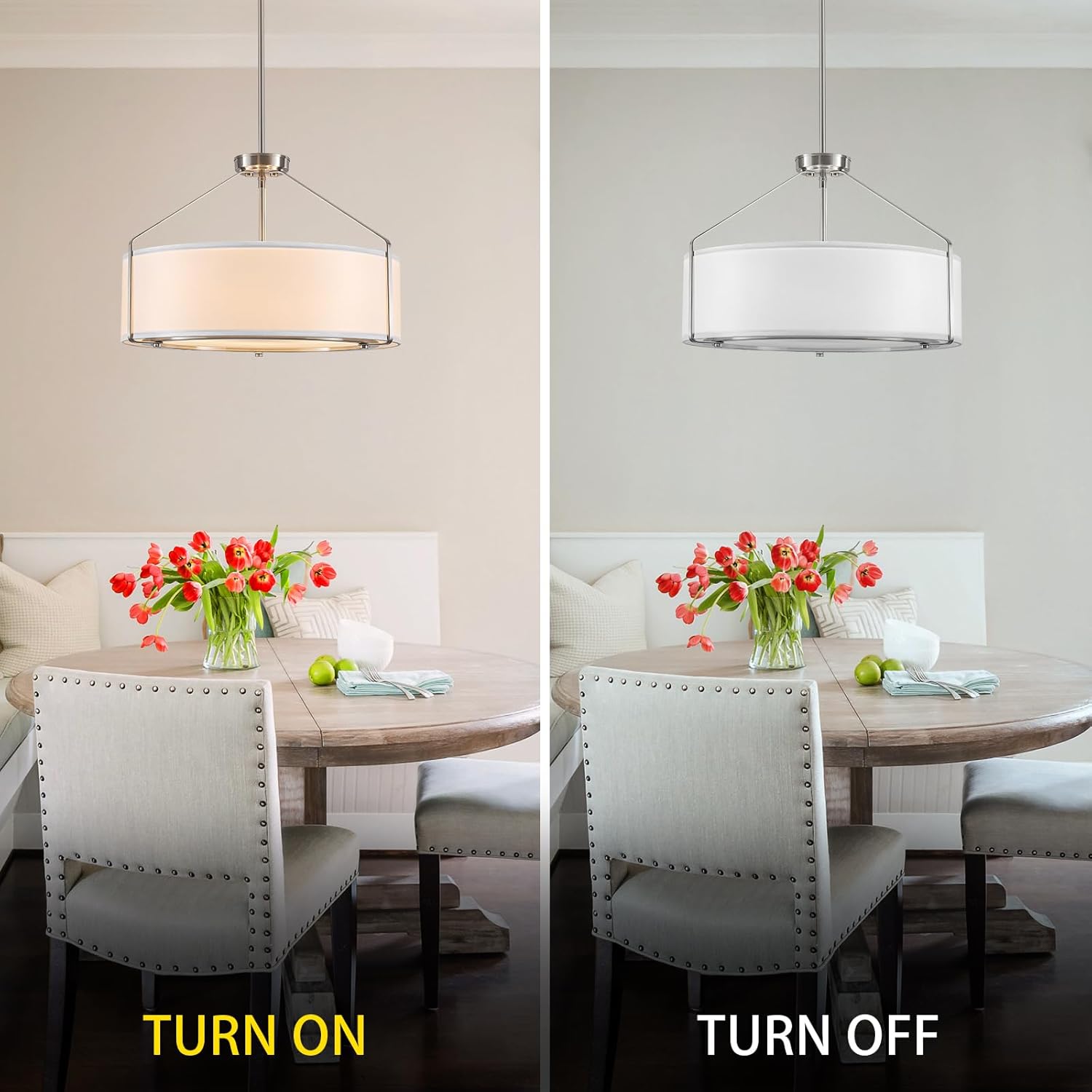 20Inches White Drum Chandelier Large, 5-Light Brushed Nickel and White Drum Chandeliers for Dining Room Large Metal and Fabric Shade Pendant Lights for Kitchen Island Bedroom Foyer Entryway