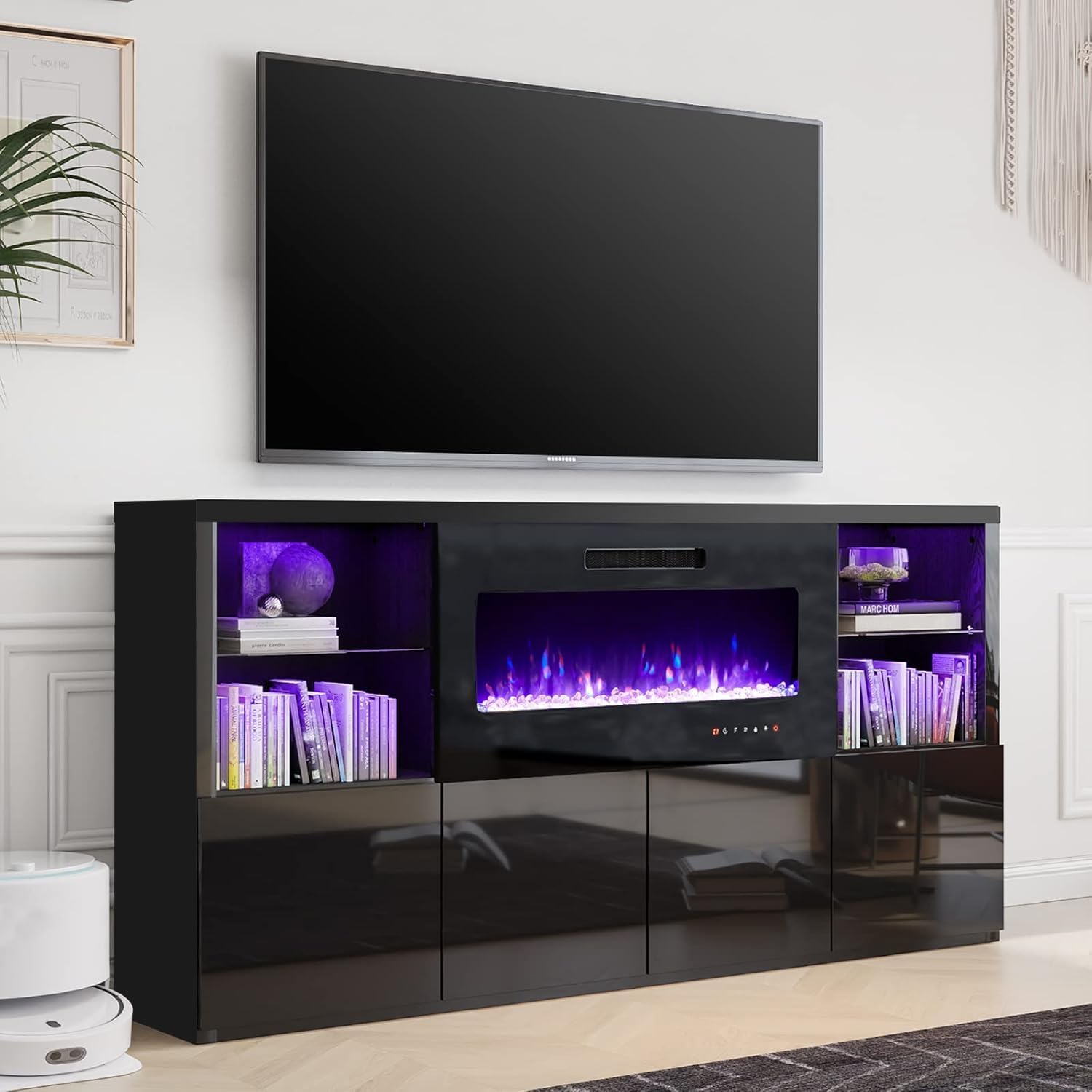 Fireplace TV Stand for TVs up to 75", Modern High Gloss Entertainment Center with 40" Fireplace, 4 Shelves & Storage Cabinets, Media Console Table 68 Inches, Black
