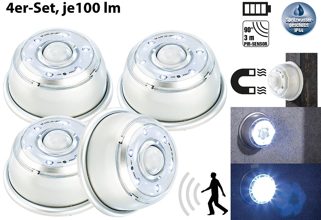 Lunartec LED-Nachtlicht mit Bewegungsmelder & Magnethalterung 4er-Set