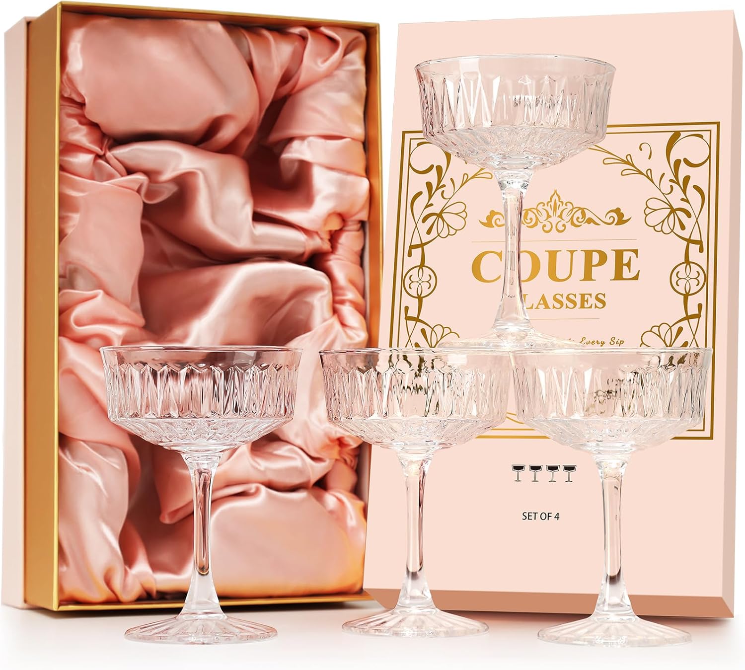 Coupe Glasses, Martini Glasses Set of 4, Vintage Champagne Coupe Glasses, 8oz Large Martini Glass, Crystal Retro Style Cocktail Glass for Elegant Bar Drinks, Vintage Art Deco Glassware