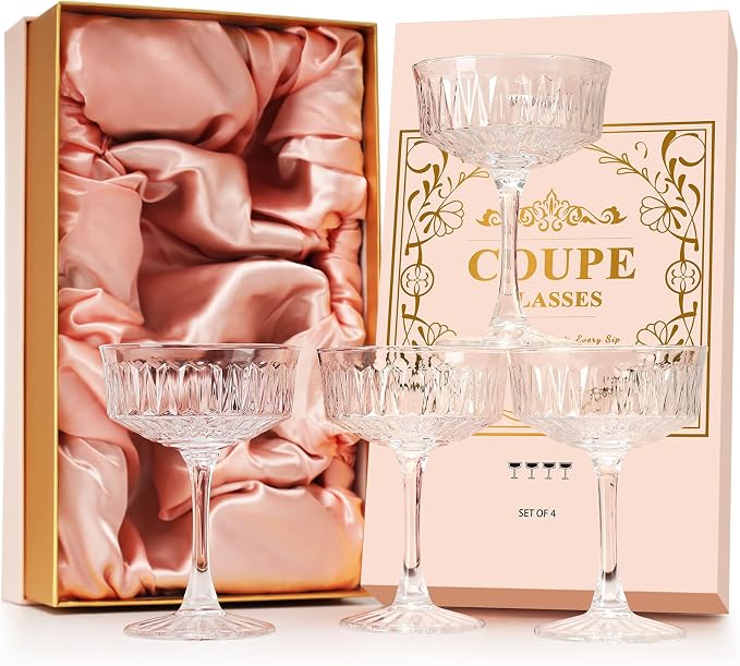 VIMERPA Coupe Glasses, Martini Glasses Set of 4, Vintage Champagne Coupe Glasses, 8oz Large Martini Glass, Crystal Retro Style Cocktail Glass for Elegant Bar Drinks, Vintage Art Deco Glassware