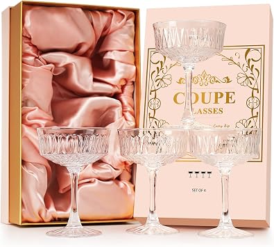 VIMERPA Coupe Glasses, Martini Glasses Set of 4, Vintage Champagne Coupe Glasses, 8oz Large Martini Glass, Crystal Retro Style Cocktail Glass for Elegant Bar Drinks, Vintage Art Deco Glassware