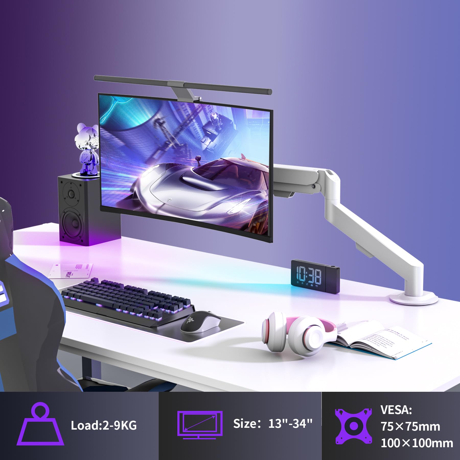 Blanco Brazo de Monitor Resorte Gas 360° 17-34 Pulgadas 9kg VESA 75x100mm 2 Montajes M5W