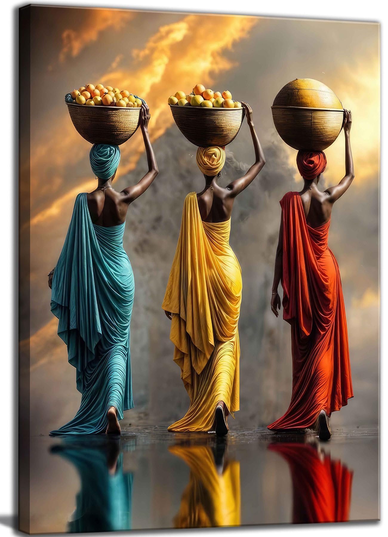 Large Black Girl Canvas Wall Art Retro Ethnic Red Yellow Blue