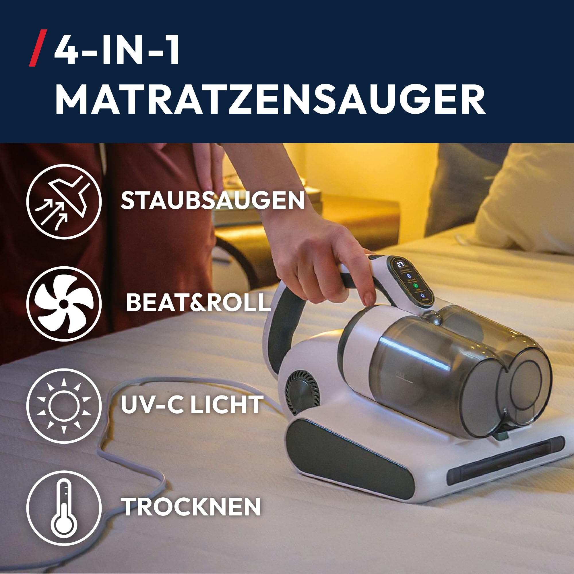 Hoover HMC5 Matratzen Handstaubsauger, 4 automatische Funktionen: Beat&Roll, Staubsaugen, UV-C-Licht, Trocknen, Entfernung von Staubmilben, Bakterien, Allergenen, Milbensauger für Matratzen [HMC510UV]