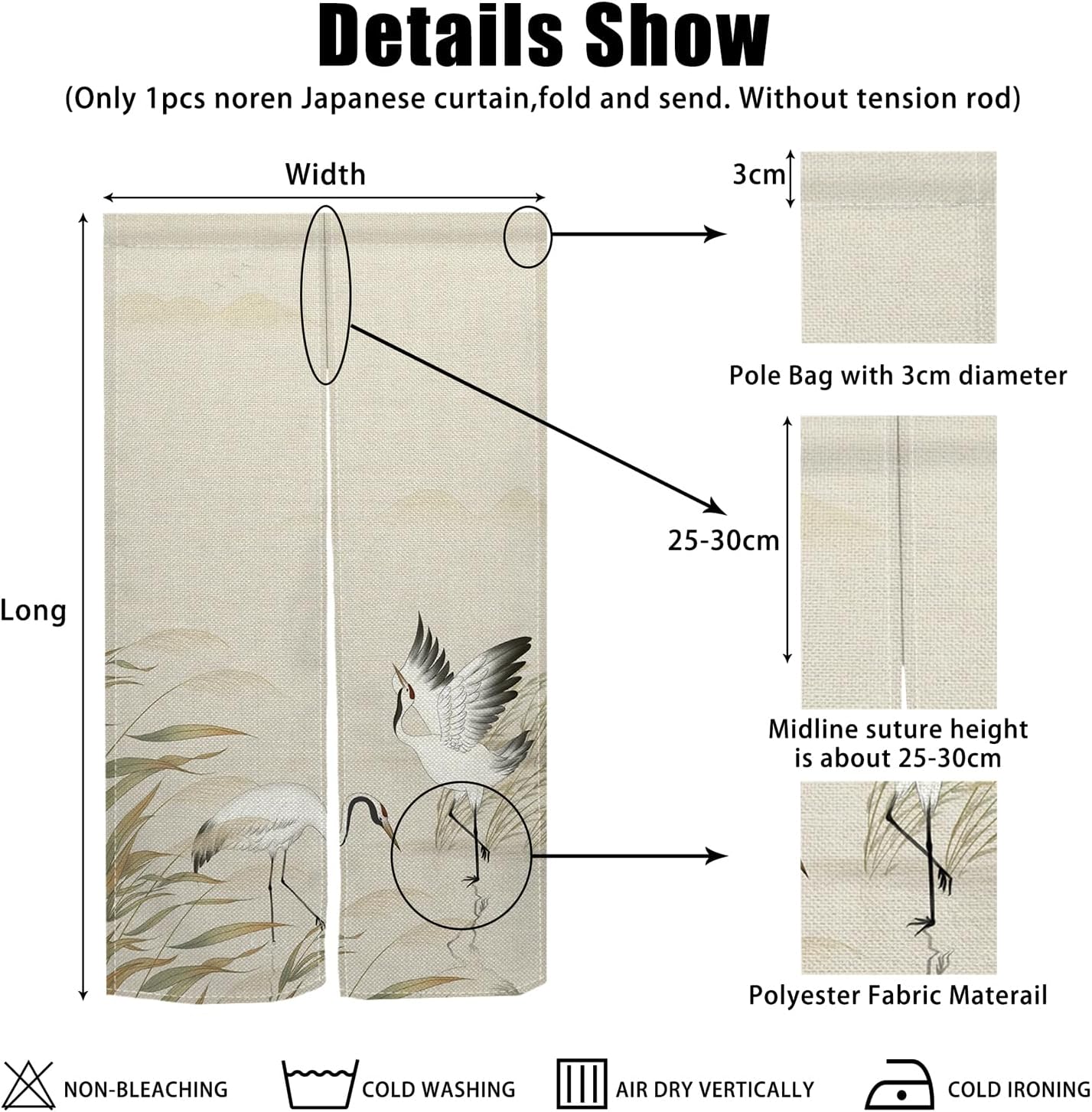 Leowefowa Noren Japanese Doorway Curtain Long Style Traditional Cranes Reed Printed Curtain for Doorway Window Treatment Japanese Door Tapestry for Wall Hanging Room Divider Home Decor, 33.5"x 70.9"