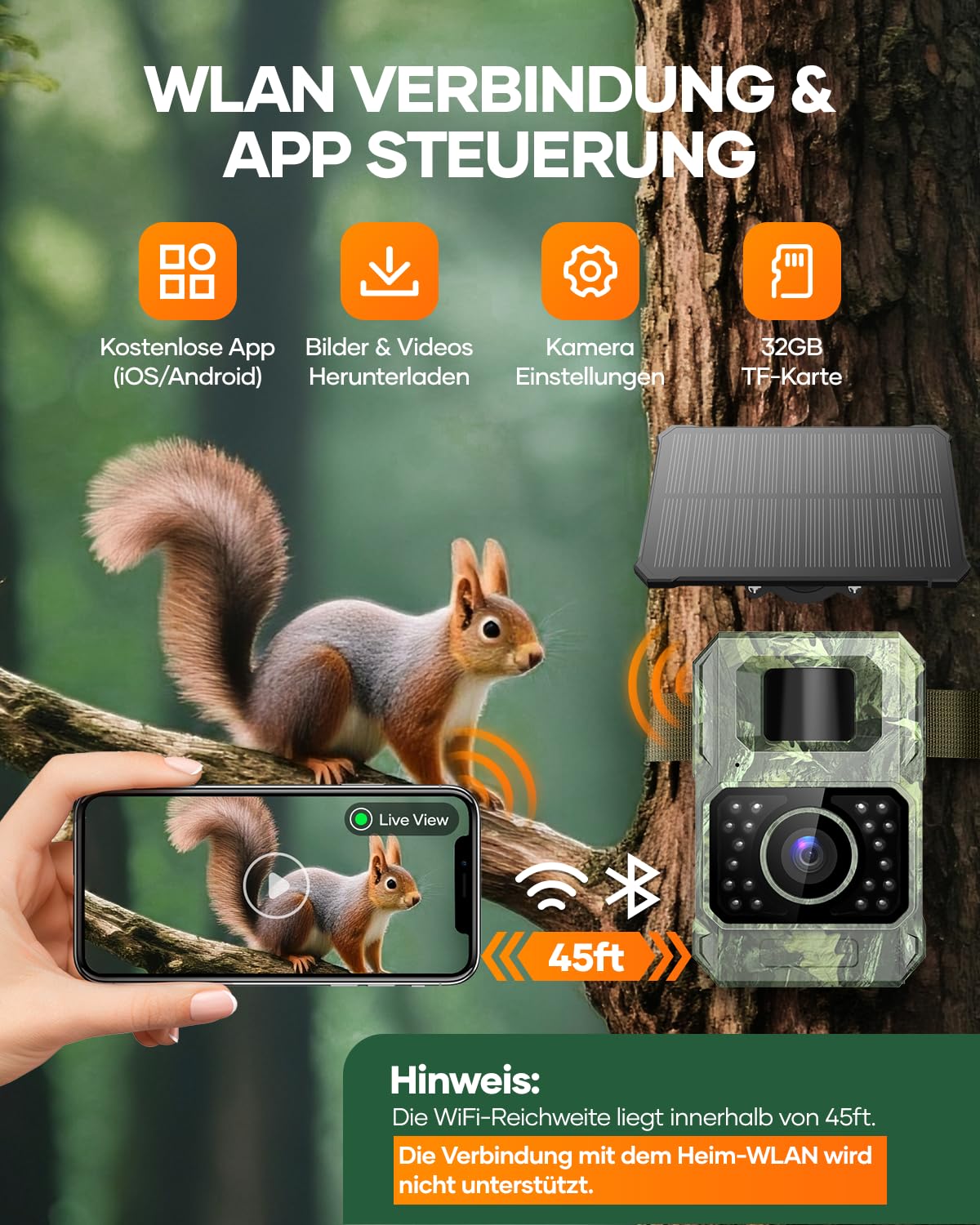 Assark Wildkamera mit Handyübertragungs-App,WLAN Solar Wildtierkamera mit Nachtsicht Bewegungsmelder,48MP 30fps Wiederaufladbare 2000mAh Lithium-Batterie, 0,2S Auslöser, IP66 Wasserdicht