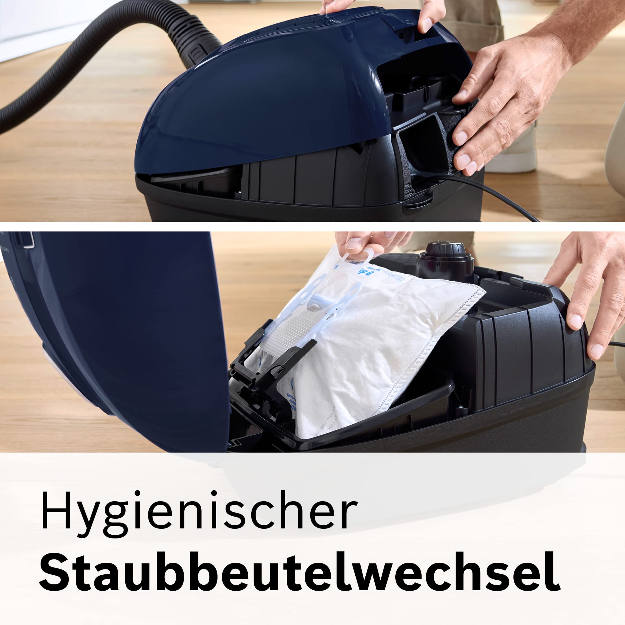 Bosch Staubsauger mit Beutel Serie 4 BGD38BU2, nachhaltig, Hygiene-Filter, 10 Jahre Motorgarantie, Zubehör-Clip, Polsterdüse, Fugendüse, hohe Saugkraft, Made in Germany, 600 W, blau
