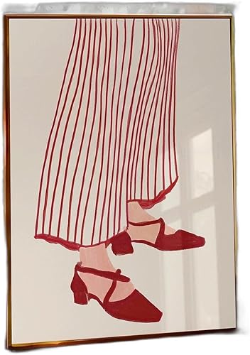 Red Line Art Poster of Retro 70s Style Shoes and Silhouette, Minimalist Wall Print with Psychedelic Vibe for Modern Home Decor