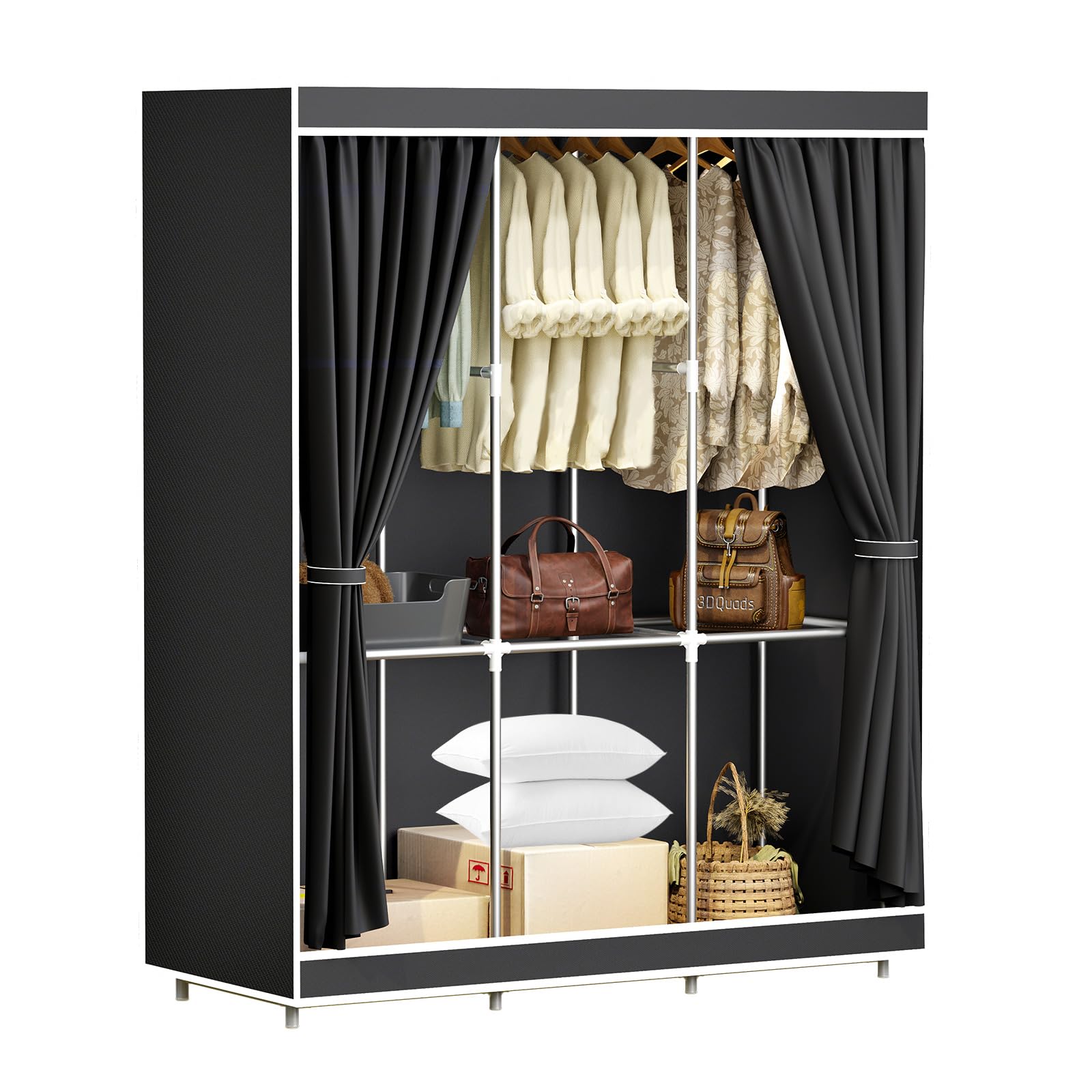 Black Wardrobe Closet, Portable Closet, Portable Closets for Hanging Clothes with 3 Hanging rods, 6 Storage Shelves and Side Pockets, 16mm Thick Steel