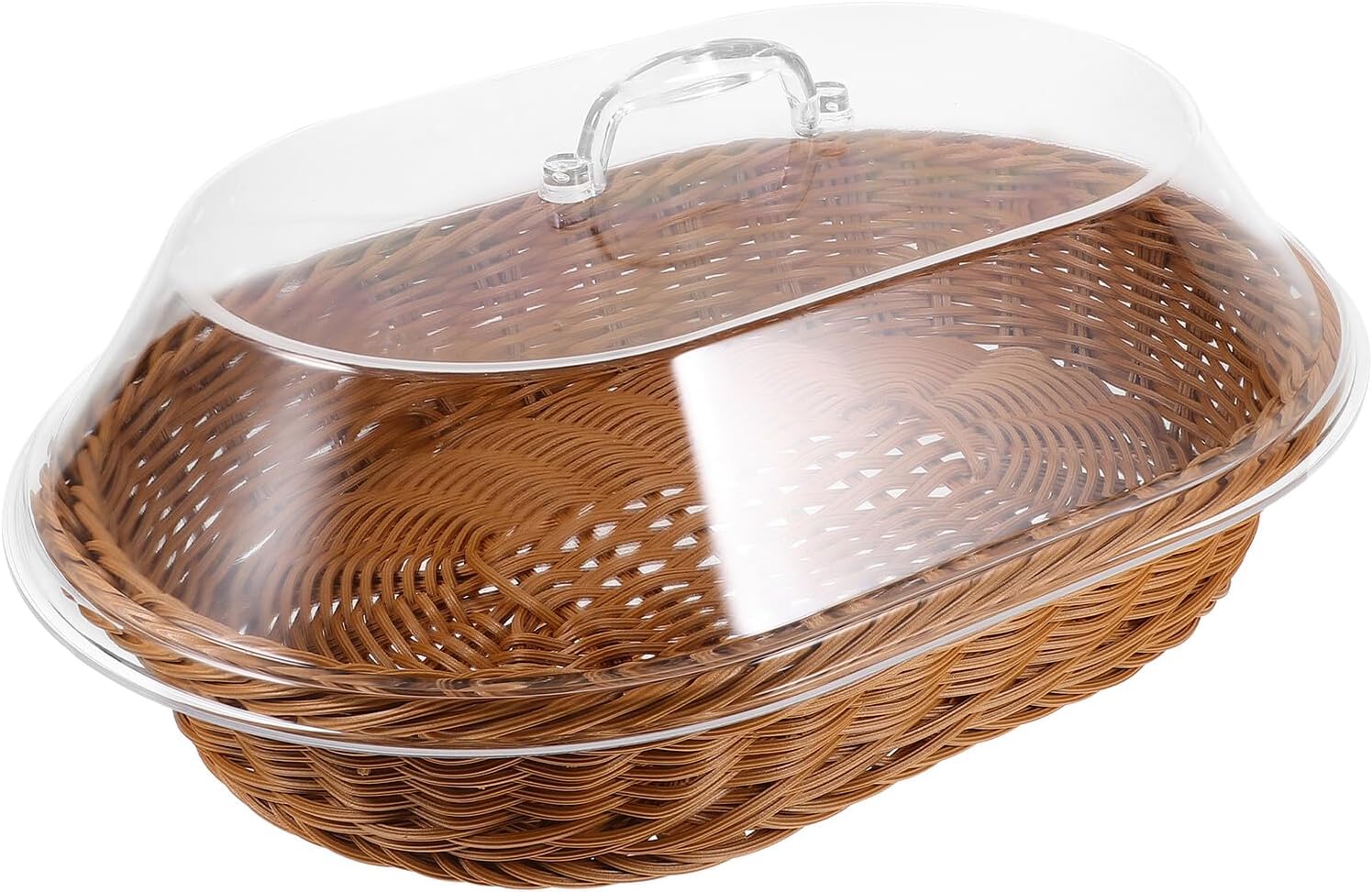 Rustic Woven Bread Basket with Transparent Lid Oval Food Storage Tray for Kitchen Tabletop Multi-functional Serving Holder for Fruits Vegetables Snacks and Desserts