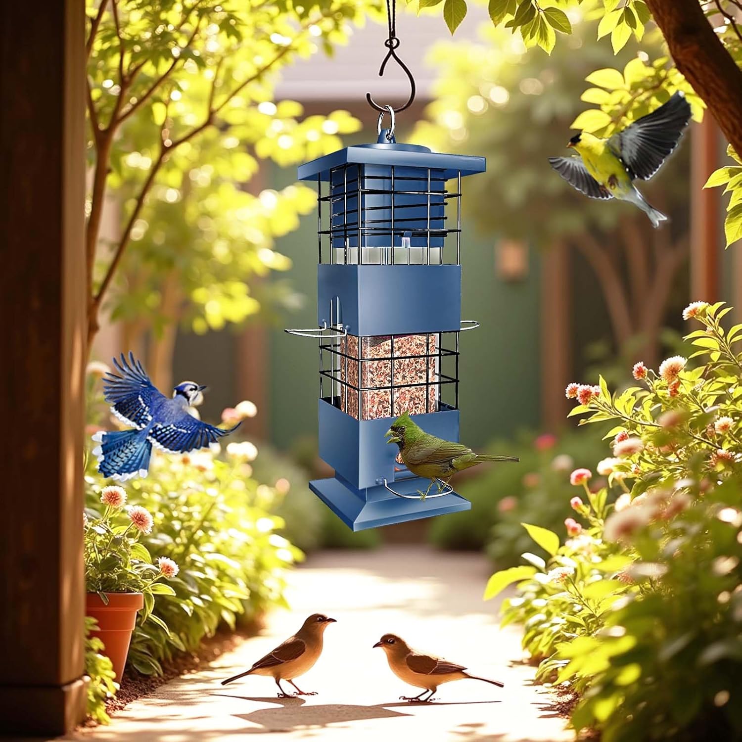 Squirrel Proof Bird Feeder, 3LBS Anti-Squirrel Bird Feeders for Outdoors Hanging,Weight-Activated Perches Metal Wild Birdseed Feeders for Cardinal Blue Jay Outside (Blue)