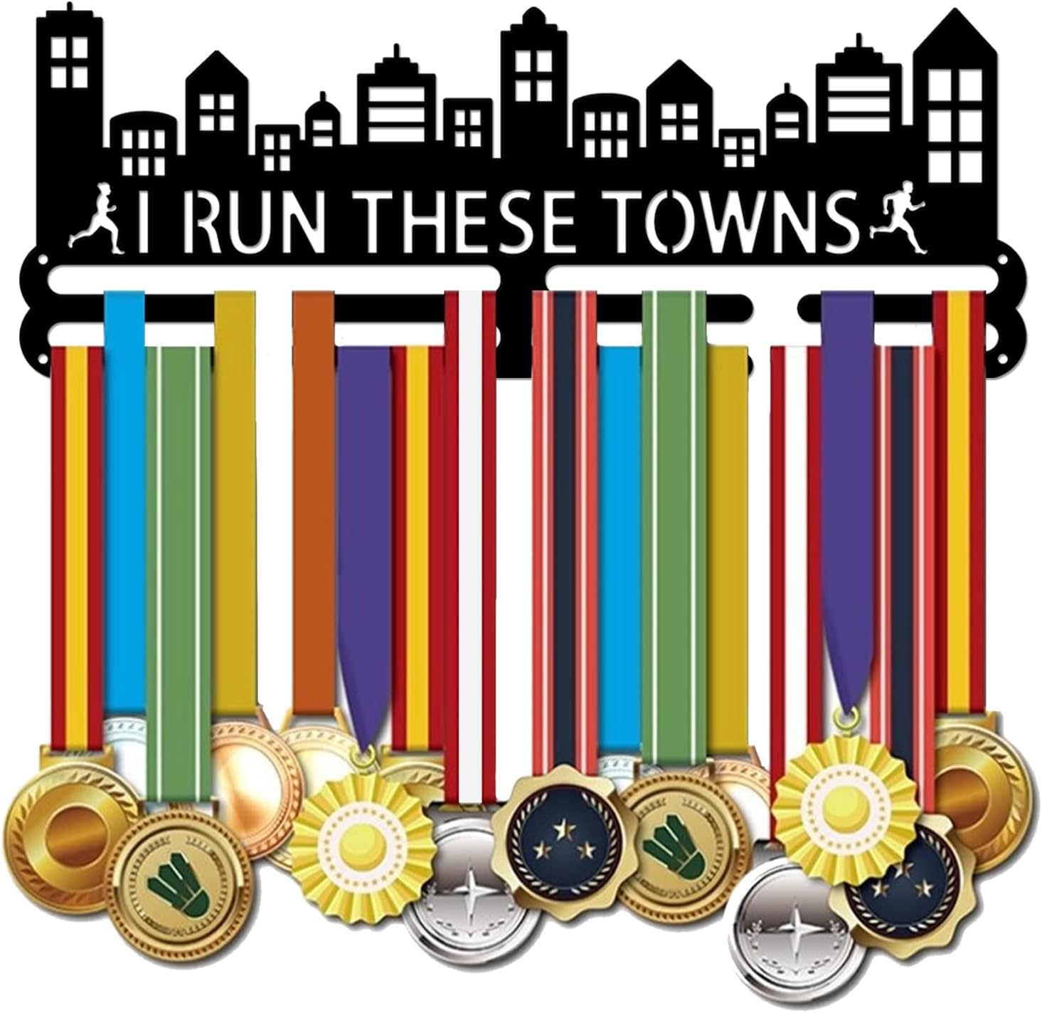 SUPERDANT Medal Holder - Running Marathon Display With Motivating Word 'I Run These Towns' - Black Iron Wall Mounted Hooks for Competition Medals - Wall Hanging