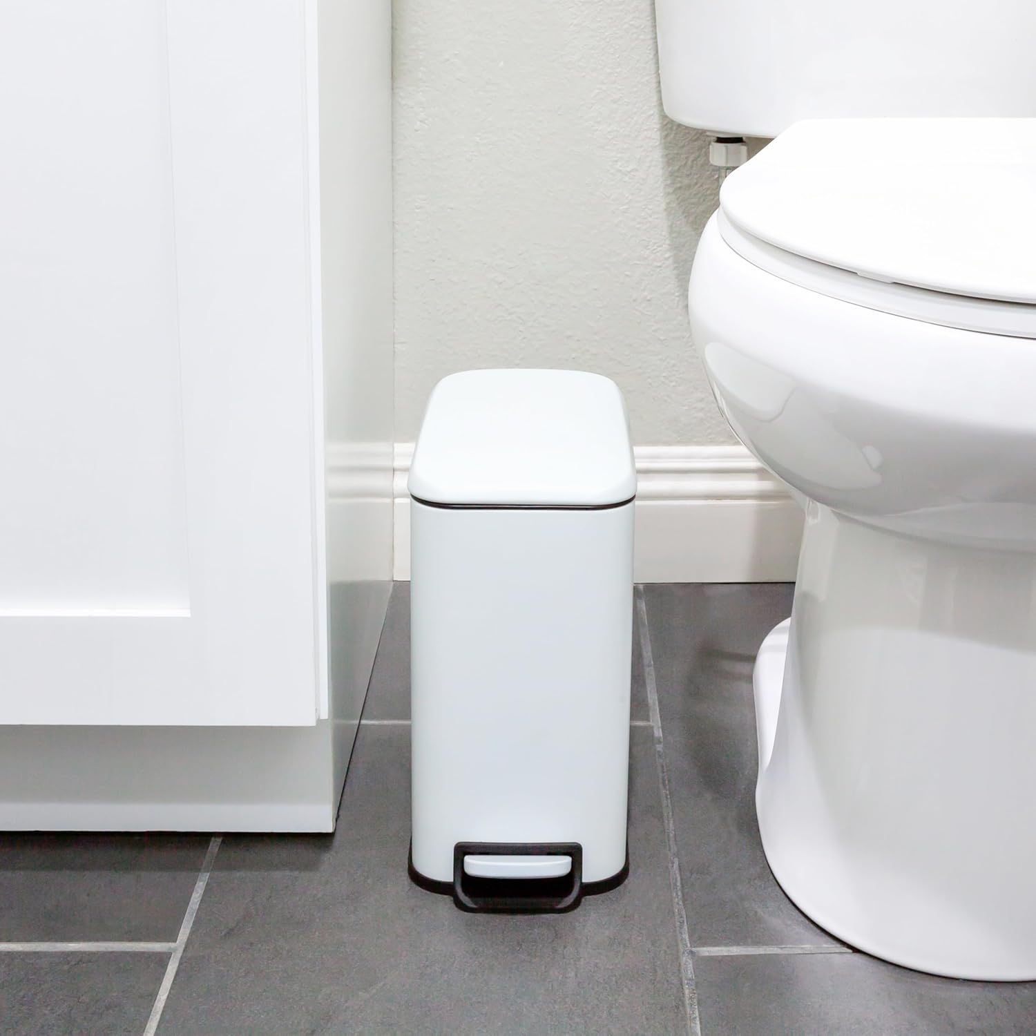 QUALIAZERO 5L / 1.3 Gallon Stainless Steel Step-On Bathroom Trash Can, Slim Shape, Pack of 2, Starter Set (Matte White)