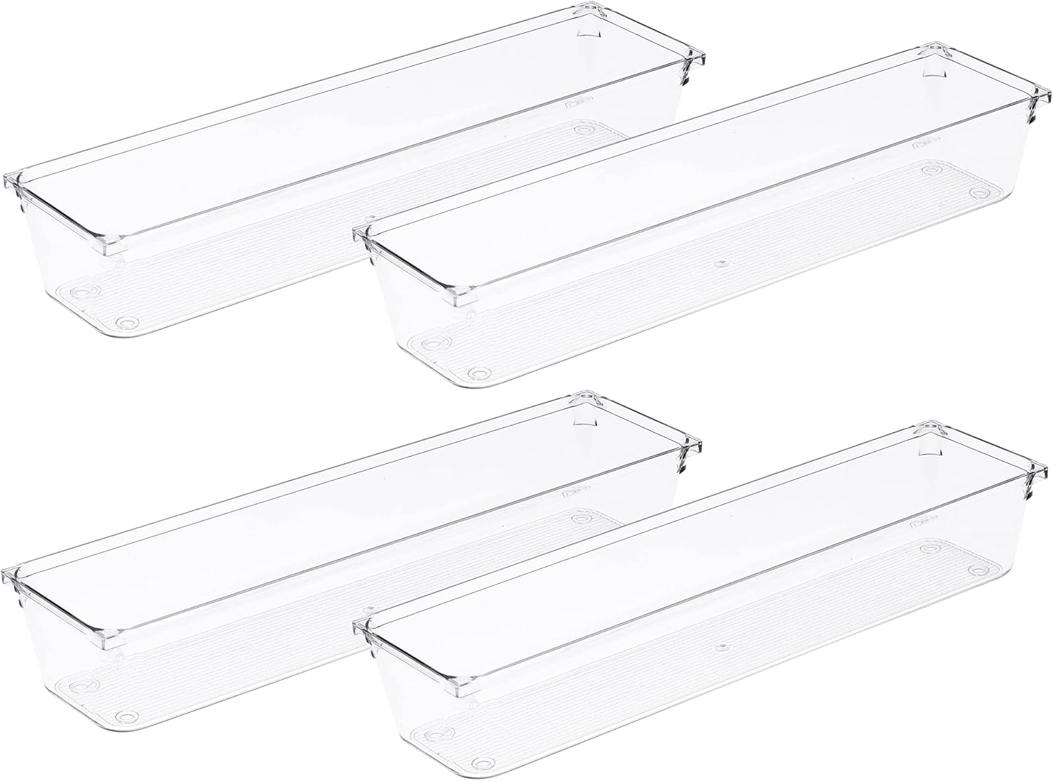 Amtido 4 Pack Drawer Organisers - Sturdy Clear Plastic - Versatile Storage for Kitchen, Bathroom, Utensils, Makeup, Office, and Desk Accessories (7.6cm x 30.5cm x 5.1cm)