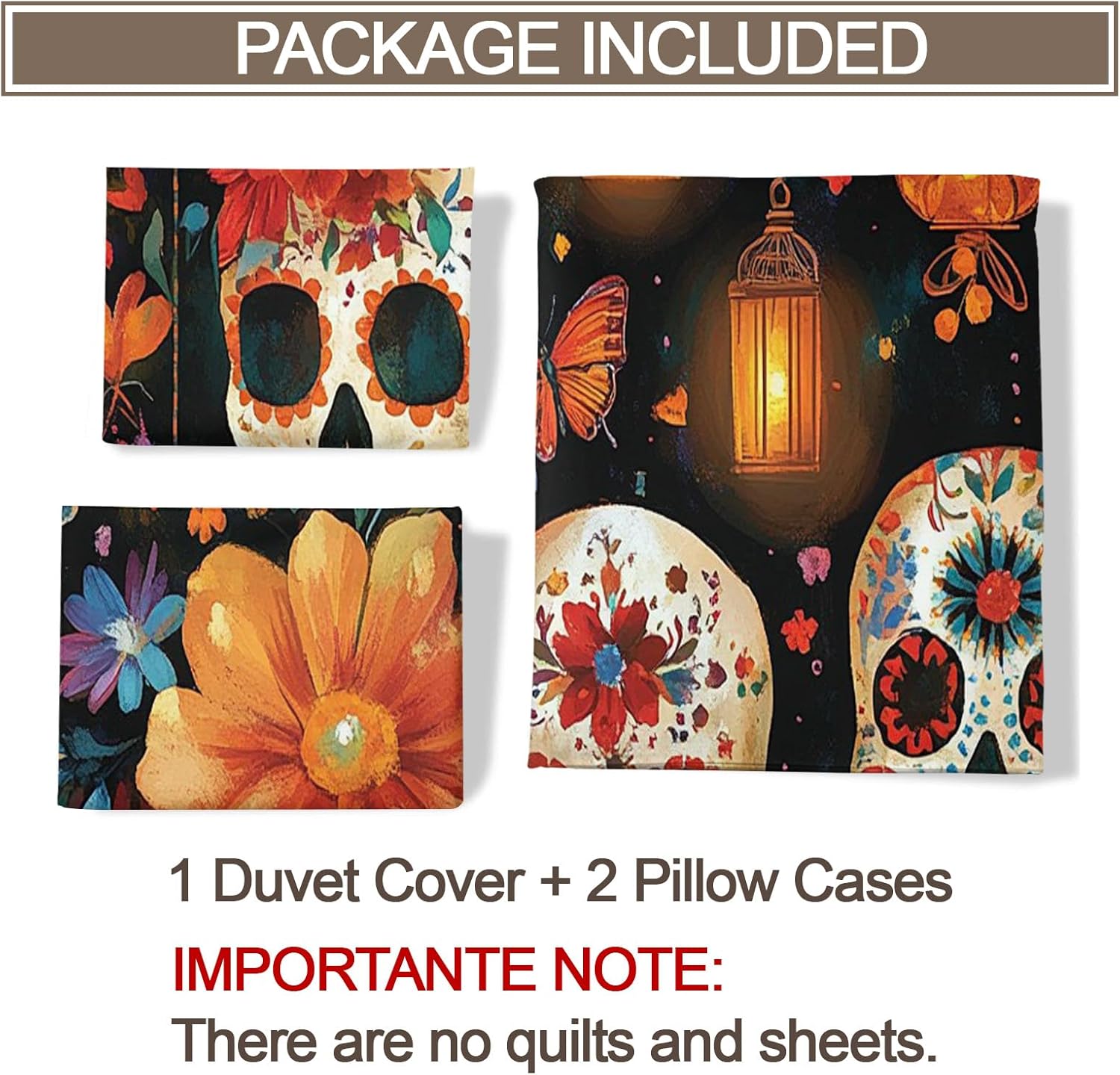 Sugar Skull Bedding Set California King - Mexican Duvet Cover Set for Boys Bedroom, Dia De Los Muertos Quilt Cover with Zipper Closure, 3 Pieces Soft & Breathable Bedding Set