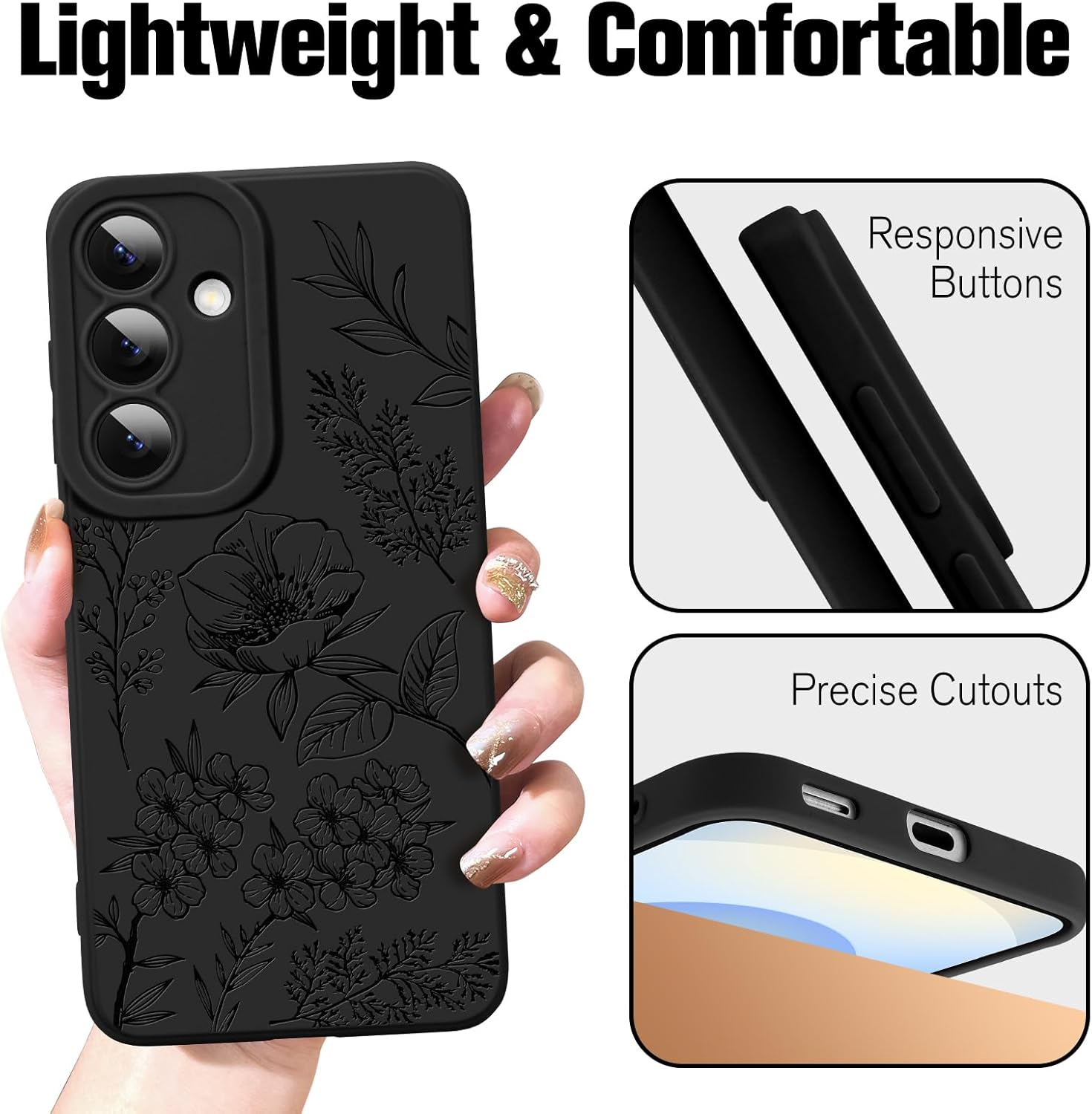 OOK Galaxy S25 Case Cute Flower Floral Design for Girls Women Soft TPU Camera Lens Protective Phone Cover Designed for Samsung Galaxy S25 Black - Image 5