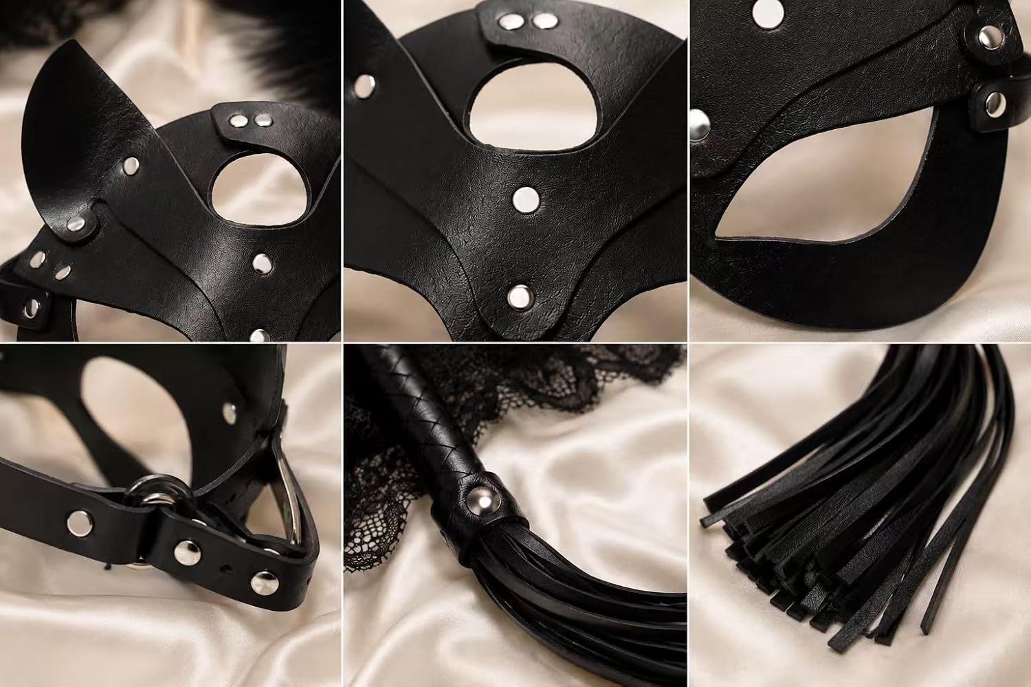 BDSM Cat Mask and Flogger Set, PU Leather Masquerade Mask with Adjustable Strap and Faux Leather Flogger Whip, Costume Accessory for Cosplay, Costume Parties, Role Play and Halloween