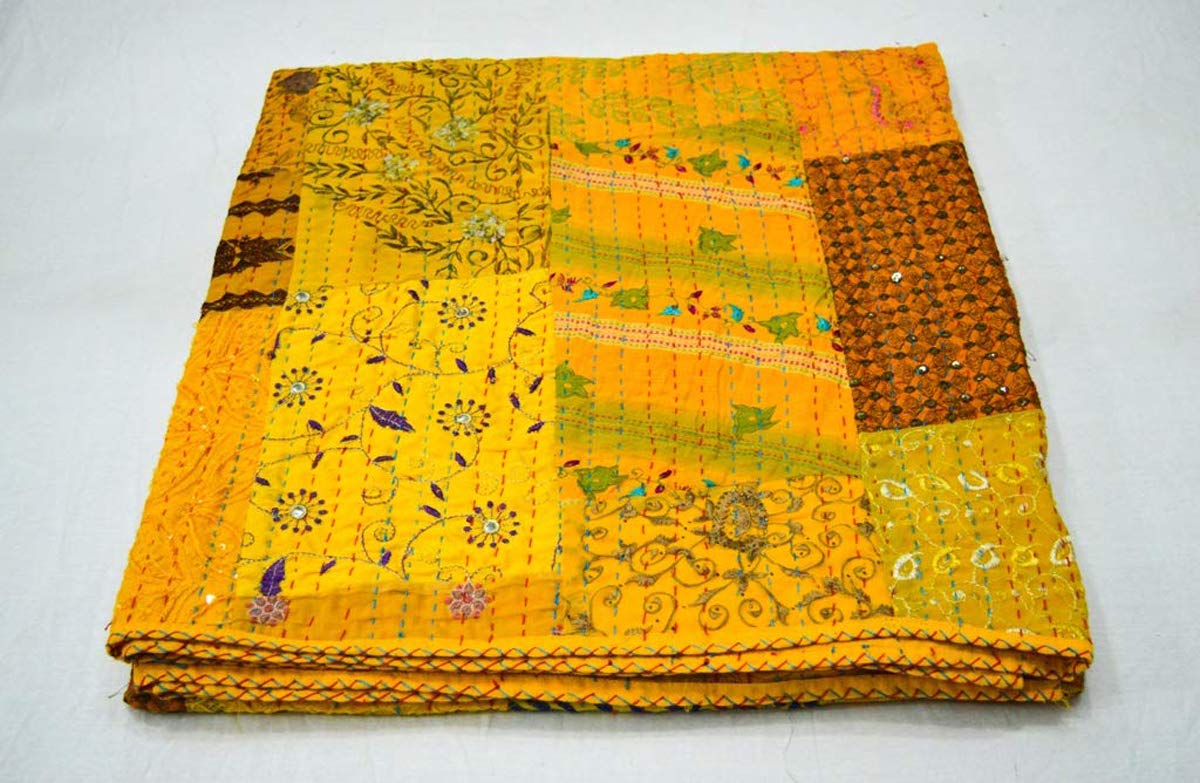 Marusthali Handgefertigte Kantha-Tagesdecke - 100% Baumwolle, Blumenmuster, King/Queen Size, Aus Indien