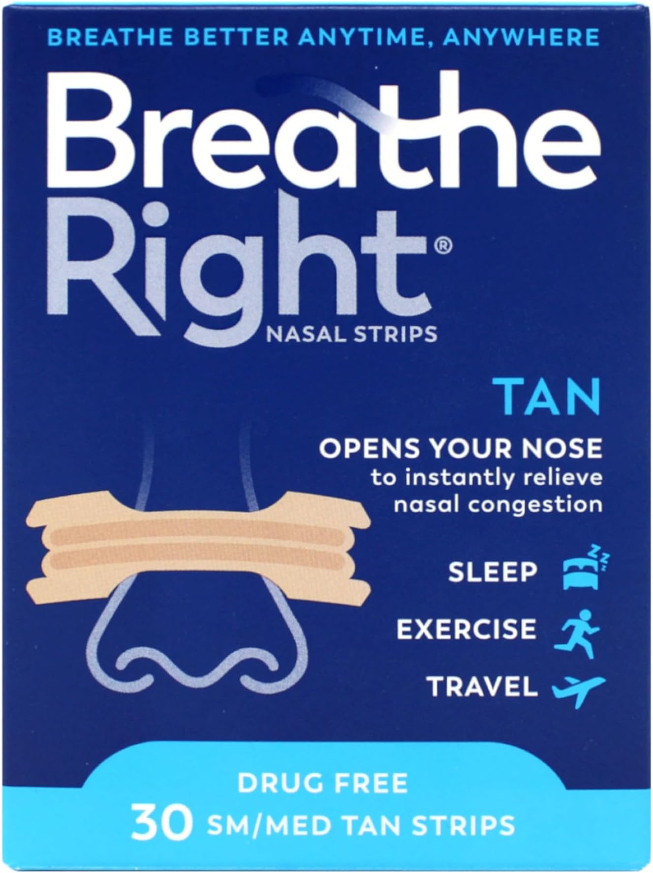 Original Tan Small/Medium Drug-Free Nasal Strips for Nasal Congestion Relief, 30 count