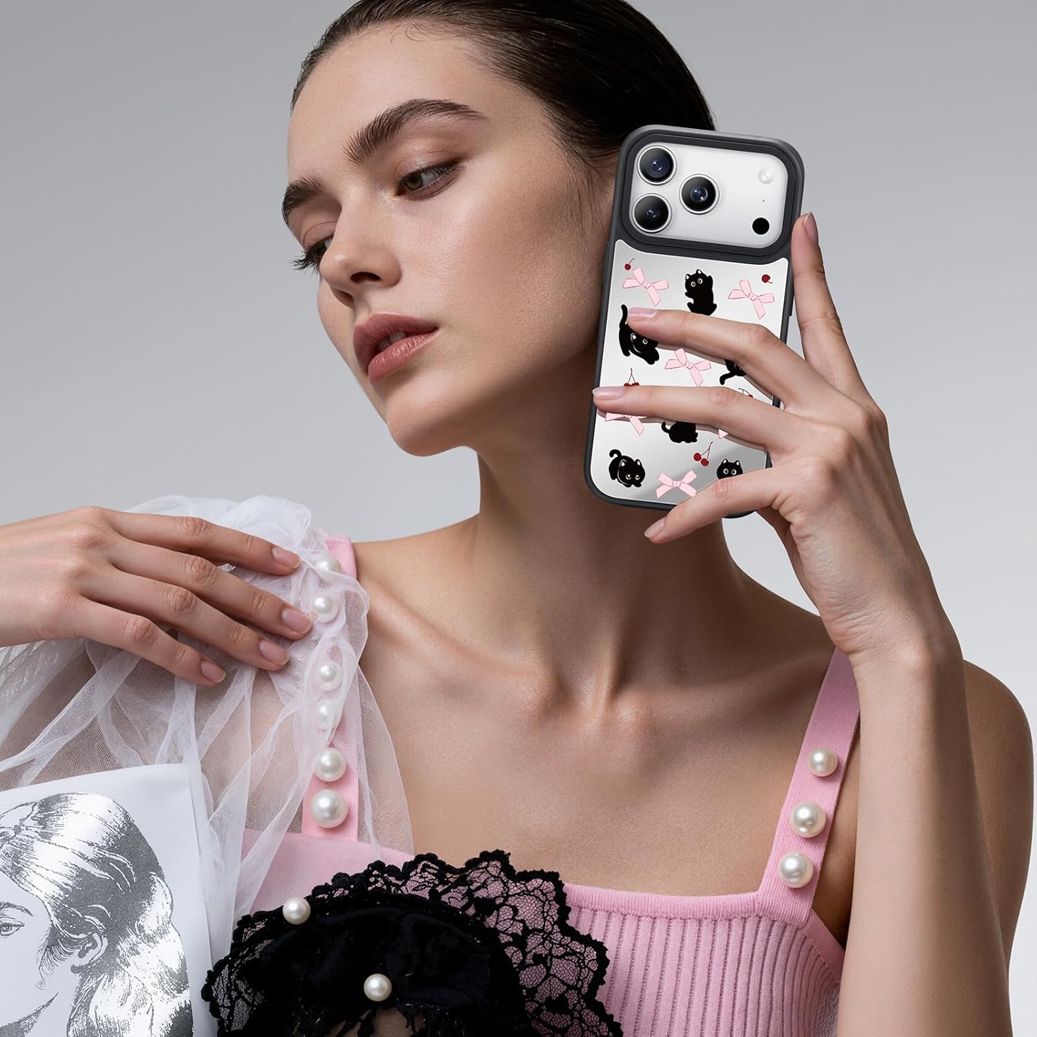 NIMASO for iPhone 17 Pro Case, Mirror Phone Case with Black Cat Pattern, Compatible with MagSafe, Glossy Hard Back, Cute Case for Women Girls