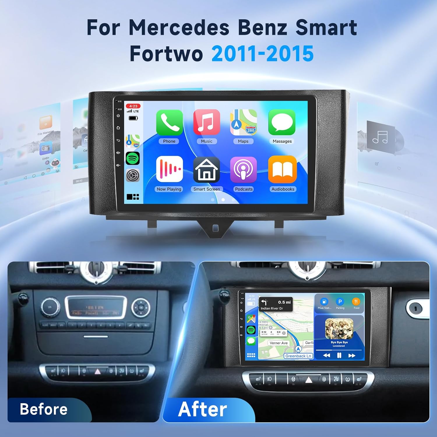 Close-up of the VECHTEL car radio's 10.1-inch HD IPS touchscreen displaying the main Android interface.