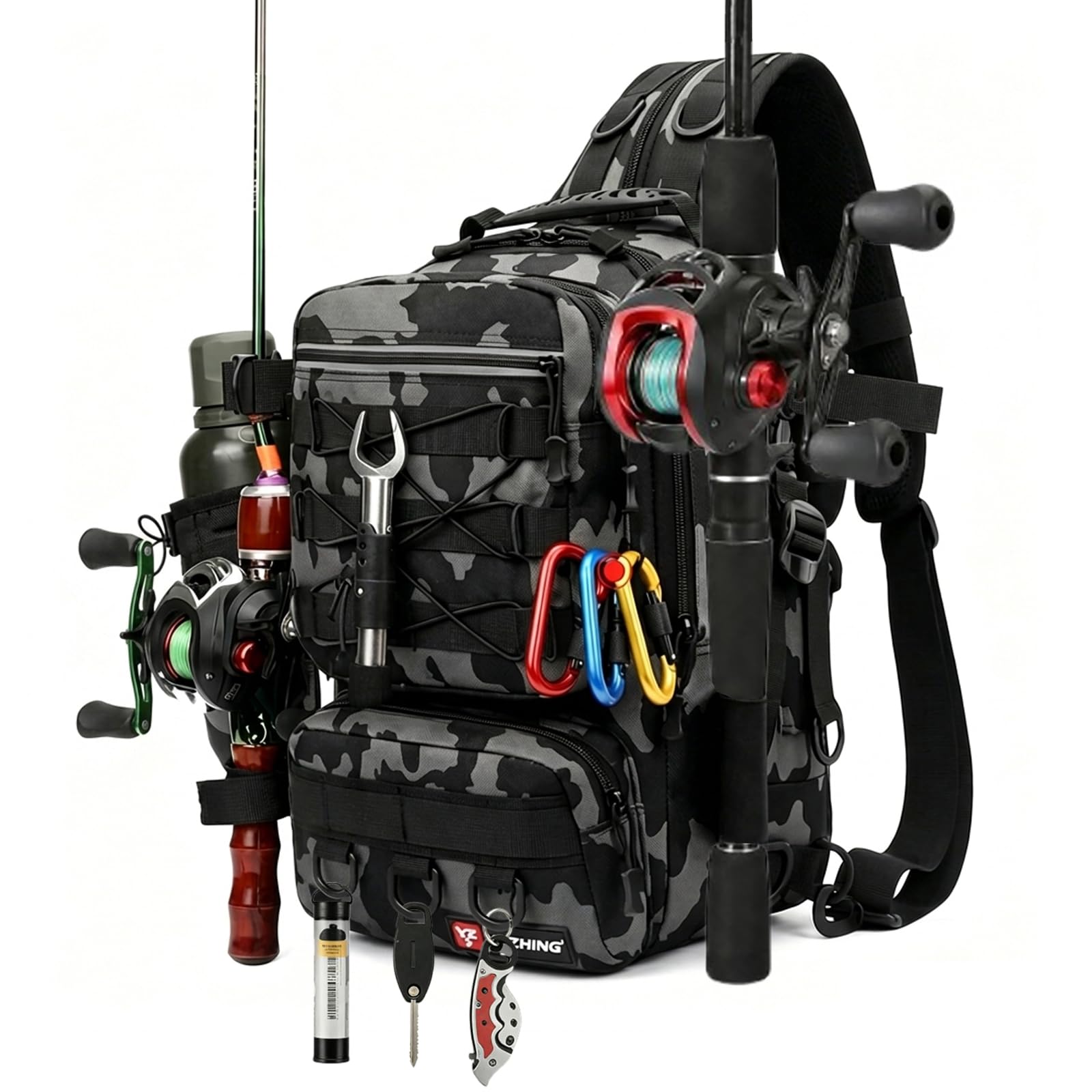 lrgnixs 45L Fishing Tackle Backpack with Rod Holder, Waterproof Multi-Pocket Fishing Bag for Organised Gear Storage, Lightweight Durable Fishing Rucksack for Camping, Hiking and Hunting
