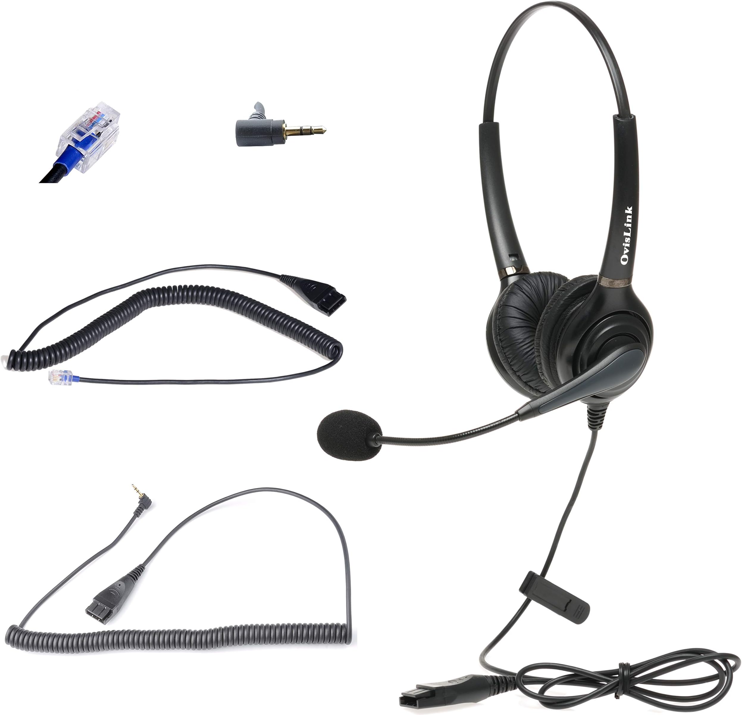 Noise Canceling Headset Compatible with Polycom Allworx IP Phones | Dual Ear Call Center Headset with 2 Quick Disconnect Cord | Flexible Microphone Boom | HD Voice Quality | Comfortable