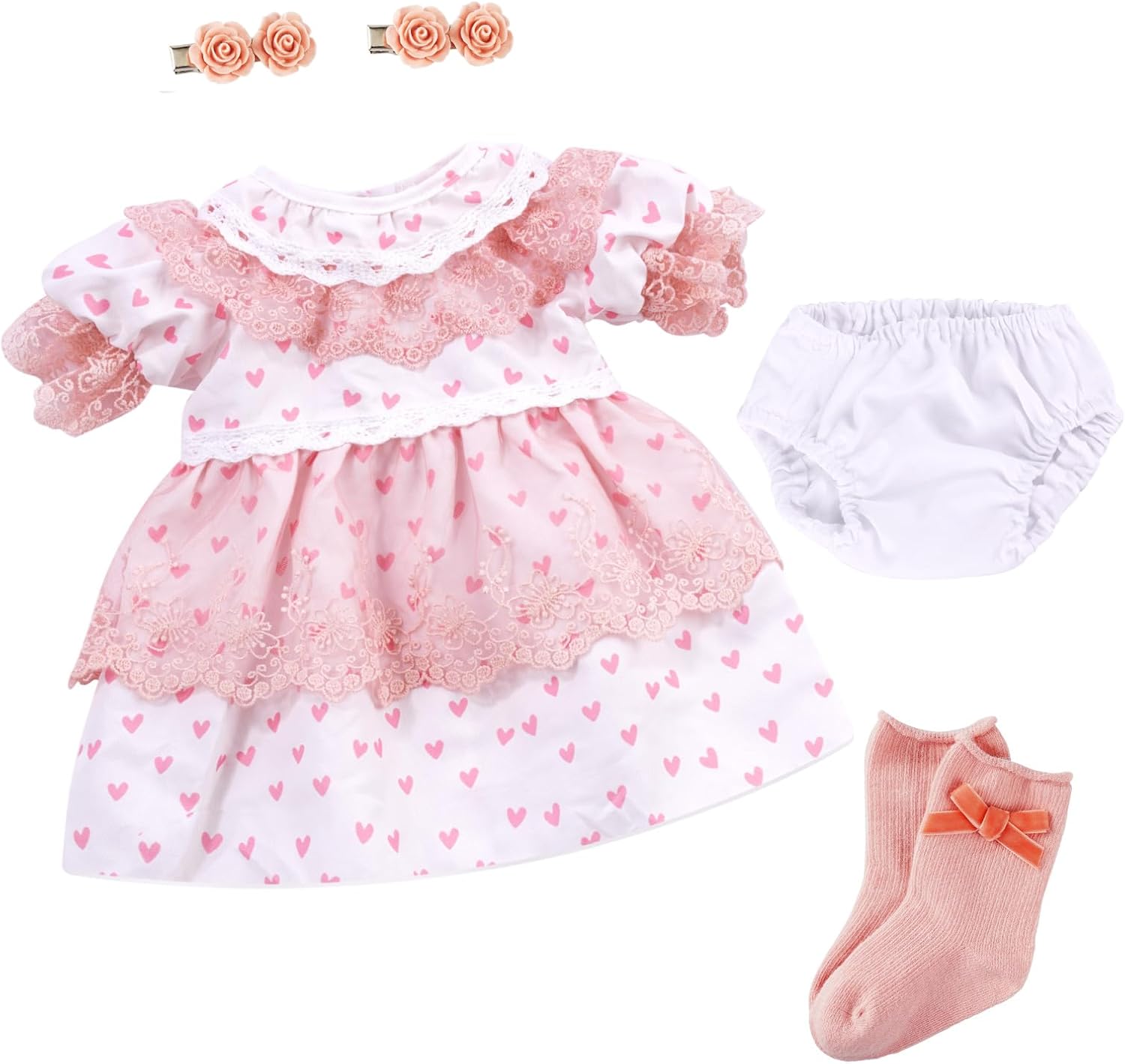 BABESIDE 5 Pcs Reborn Baby Doll Clothes Accessories Set for 17-22 Inch Dolls, Reborn Doll Dress with Socks Diaper Reusable and Pink Rose Hair Clips for Realistic Baby Dolls Girls