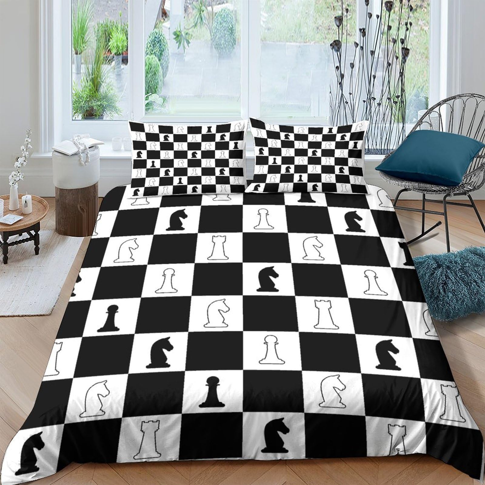 GPLZQXKJNH 3D Printed Chess Board Duvet Cover Microfiber Black White Bedding Set with 2 Pillowcases for Bedroom Decor Single（135x200cm）
