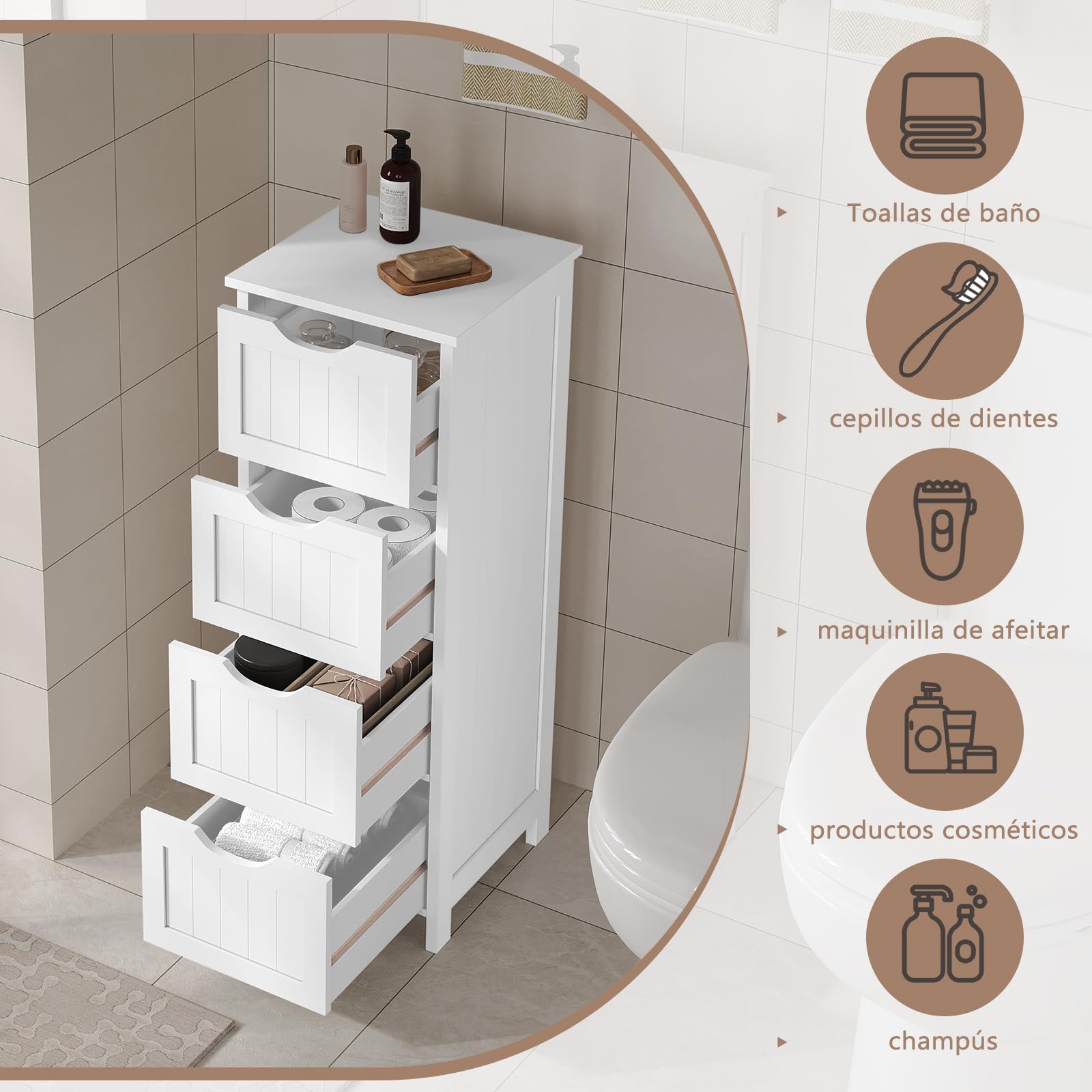 eSituro Armario de Suelo para Baño Auxiliar Pequeño Mueble Organizador de Cajones Laterales con 4 Cestas MDF Blanco 28 x 29 x 82 cm