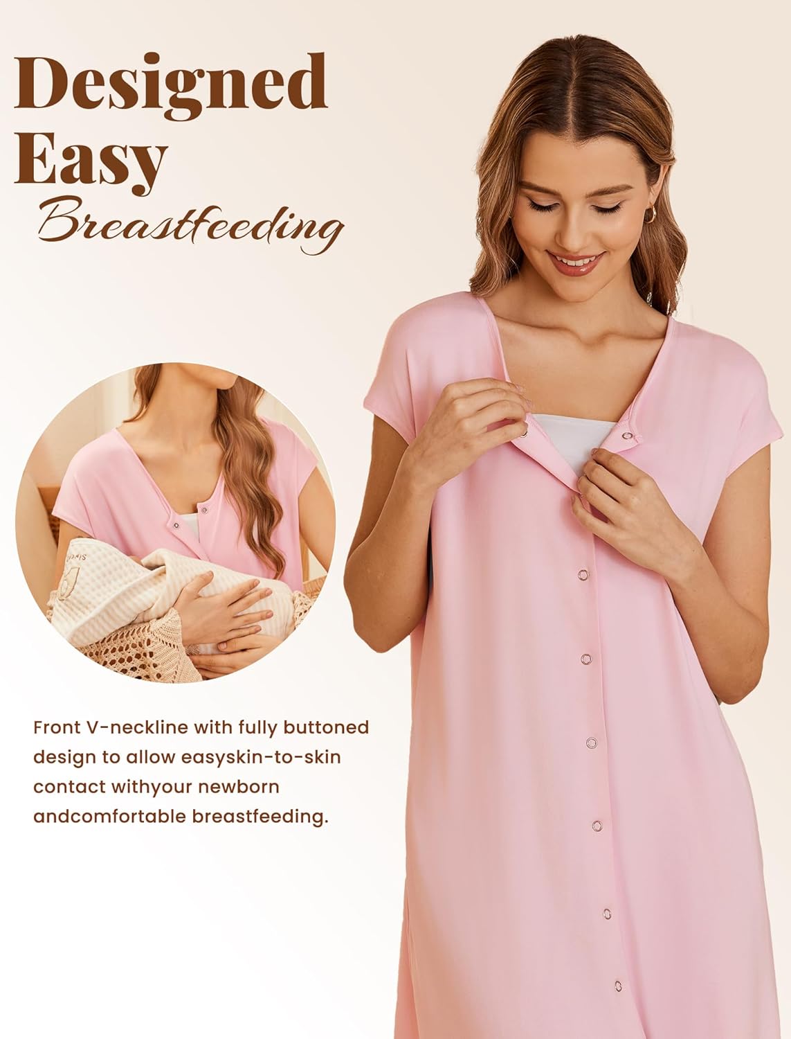 Ekouaer Labor/Delivery/Hospital Gown Nursing Nightgown Maternity Sleepwear With Pockets Postpartum Gowns with Button S-XXL - Image 3