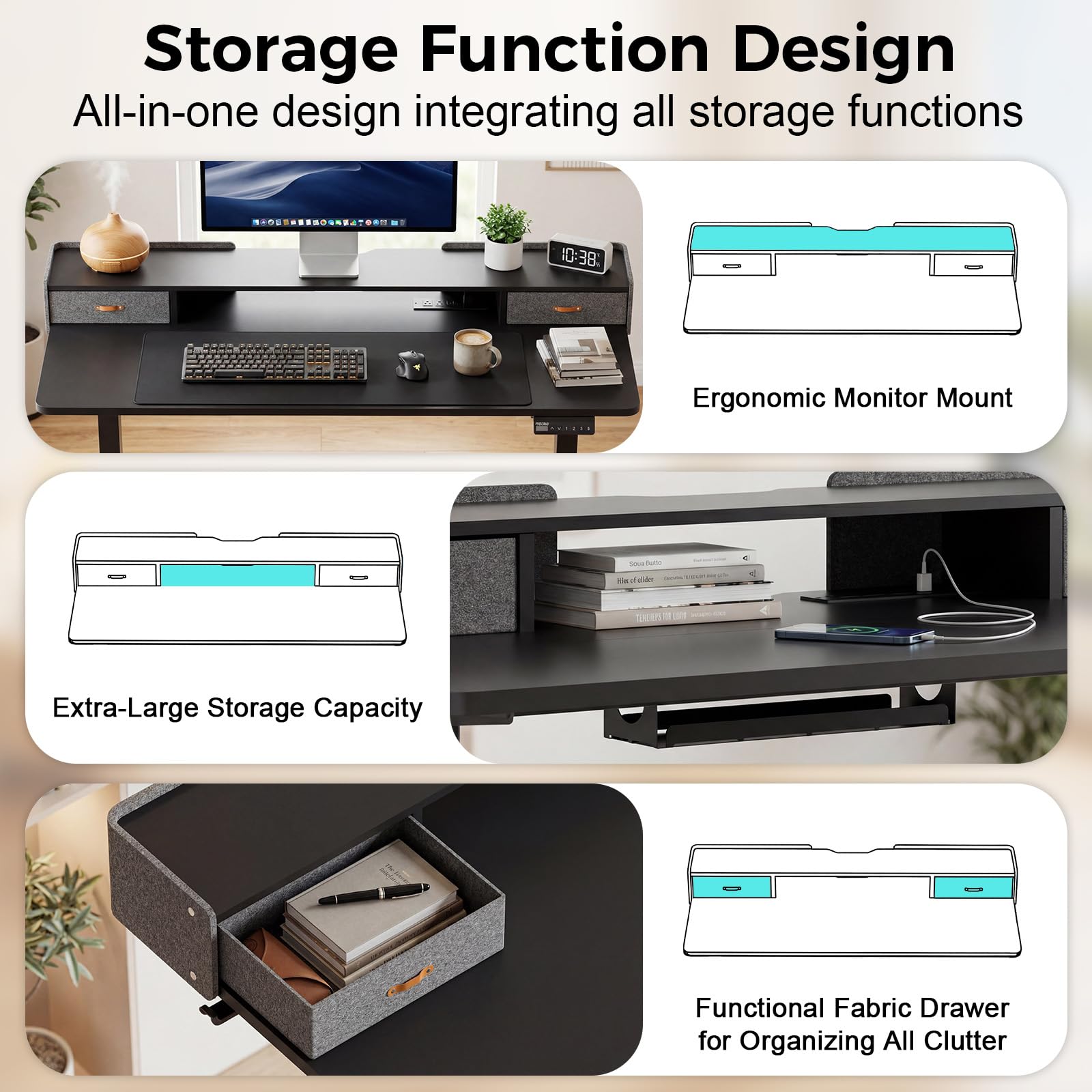 Electric Standing Desk with Drawers 63 Inch Height Adjustable Desk with Power Outlets LED Lights Sit Stand Table — view 5