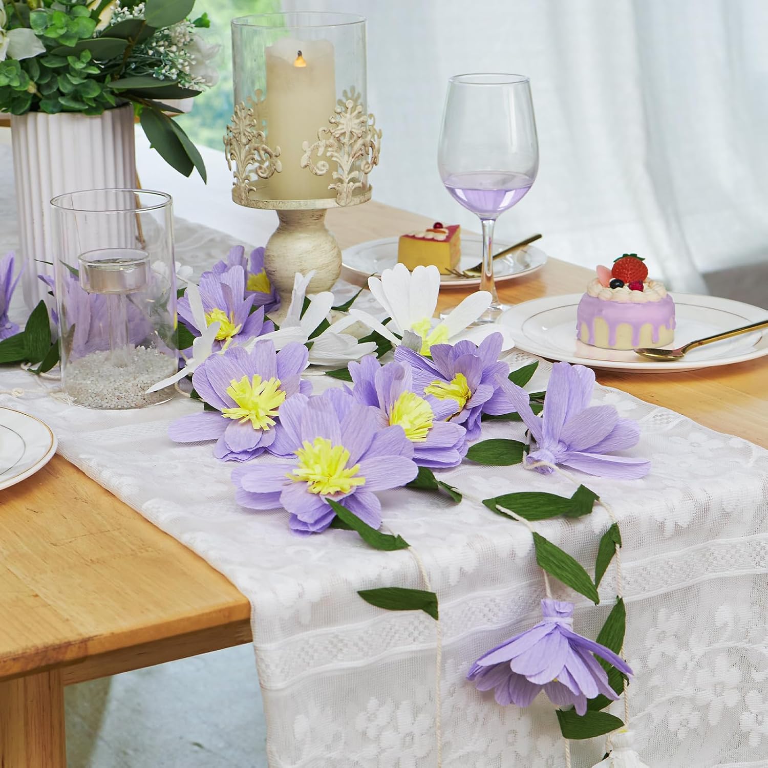 2PCS Paper Flower Garland, Paper Leaves Banner Vine Flowers with Green Leaves Crepe Flower Garland Decorations for Wall Anniversary Wedding Birthday Arch Decor-Purple - Image 4