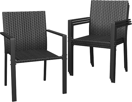UDPATIO Stackable Patio Chairs Set of 4, Wicker Outdoor Chairs, All-Weather Rattan Dining Chairs with Deep Seat & Armrests, Steel Frame for Patio, Garden, Backyard, Deck, Lawn or Porch, Black