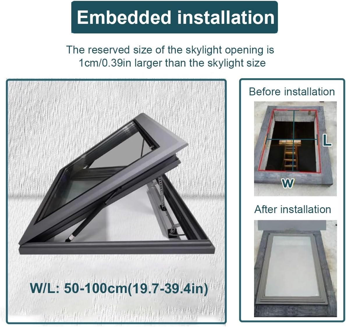 Skylight Roof Window with Aluminum Frame, Automatic Rain Sensor, Self-Closing Feature for Attic/Basement/Sunroom, Custom Size 70x80cm (27.6x31.5in)