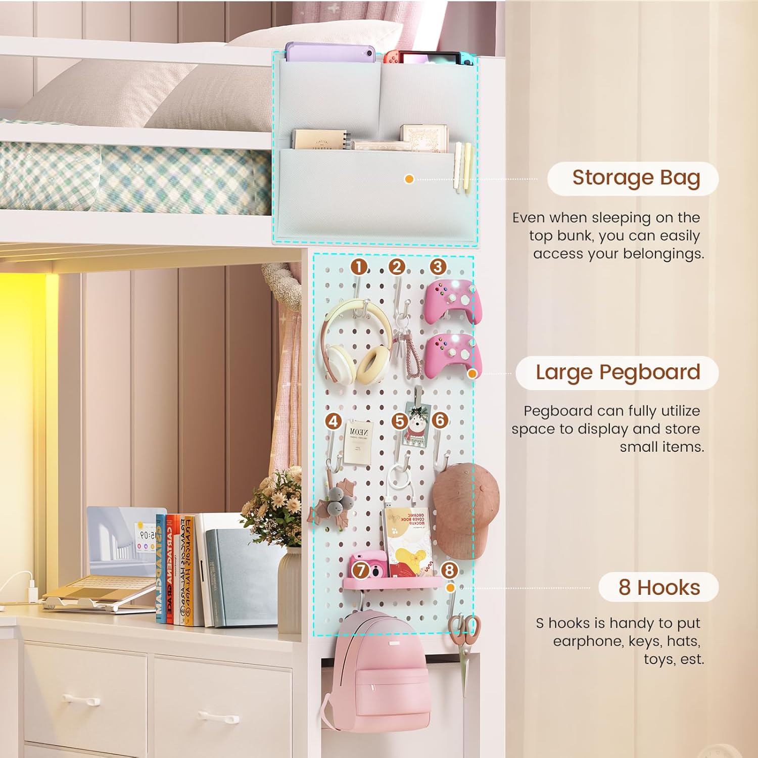 Itaar Twin Loft Bed with L-Shaped Desk and 8 Storage Drawers, Metal Kids Loft Bed Twin with Led Lights & Charging Sation, Hall Tree, Safety Guard & Ladder, No Box Spring Needed, White