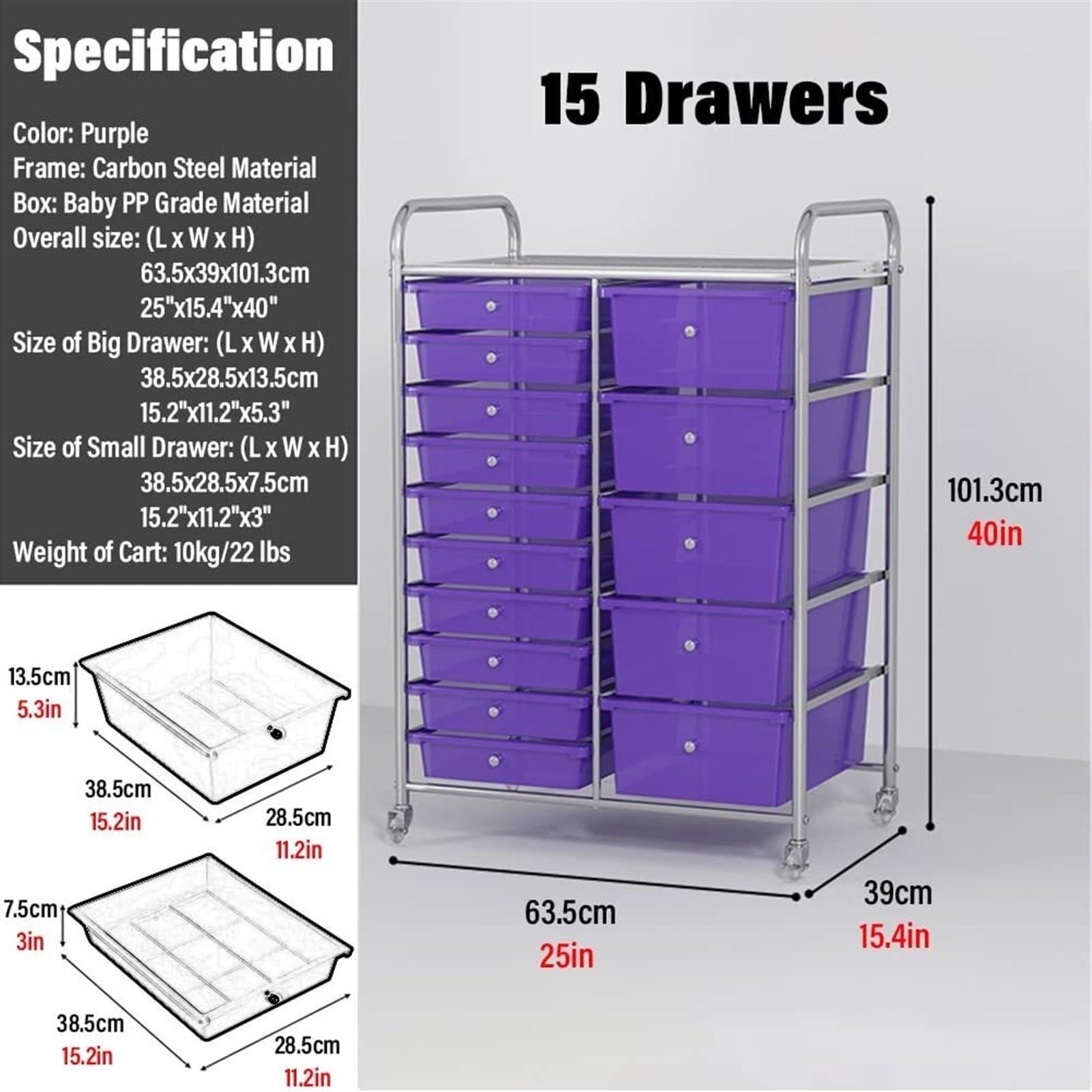 Carrito de Almacenamiento con Ruedas y 15 cajones, Carrito de Oficina o de Manualidades con Ruedas, Unidad organizadora de estanterías for peluquería en casa(Purple)