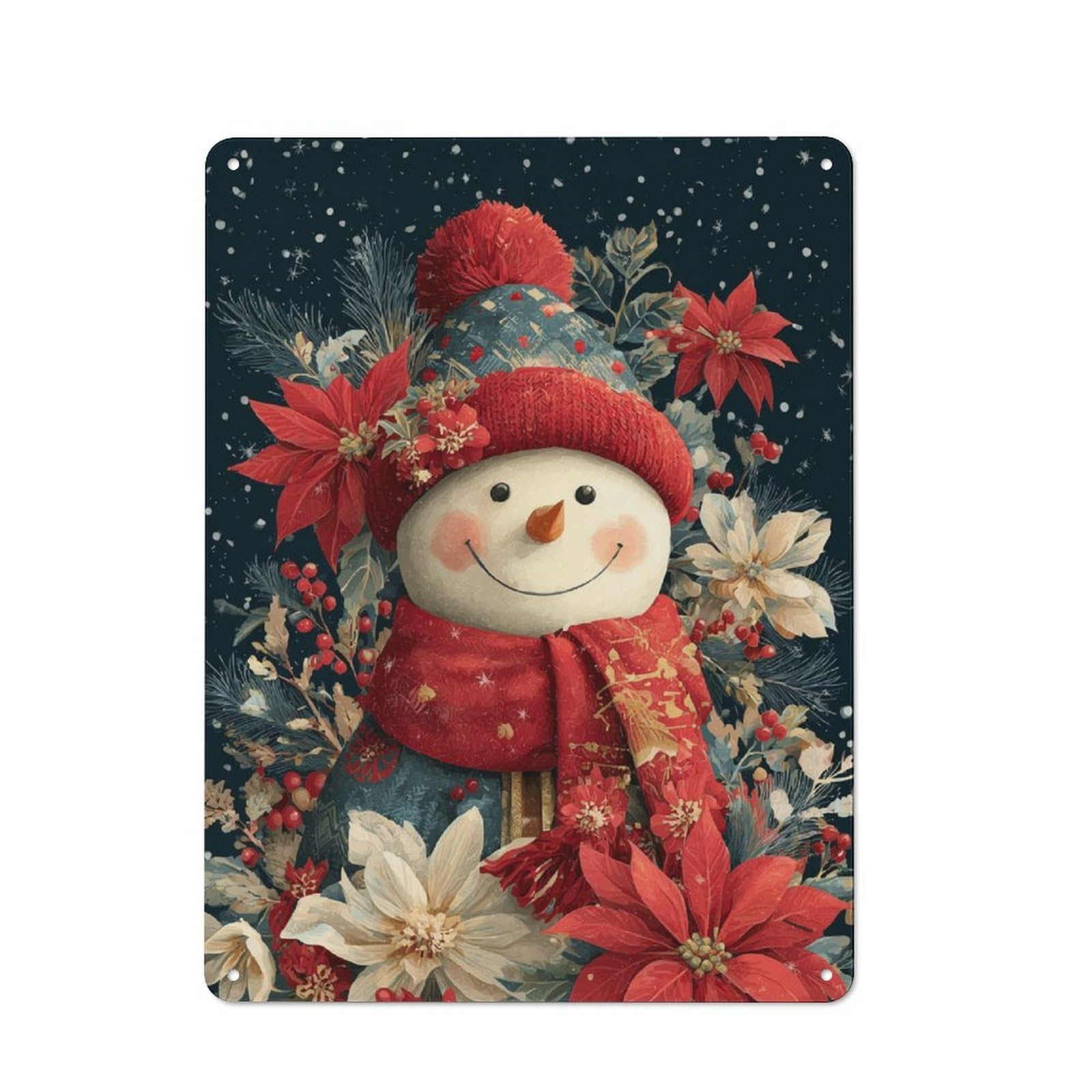 Junmoney Christmas Snowman With Festive Flowers Bistro Style Decorative Metal Plaque 40X30cm, Bistro Wall Plaque For Tea Room, Shop Wall Or Breakfast Area