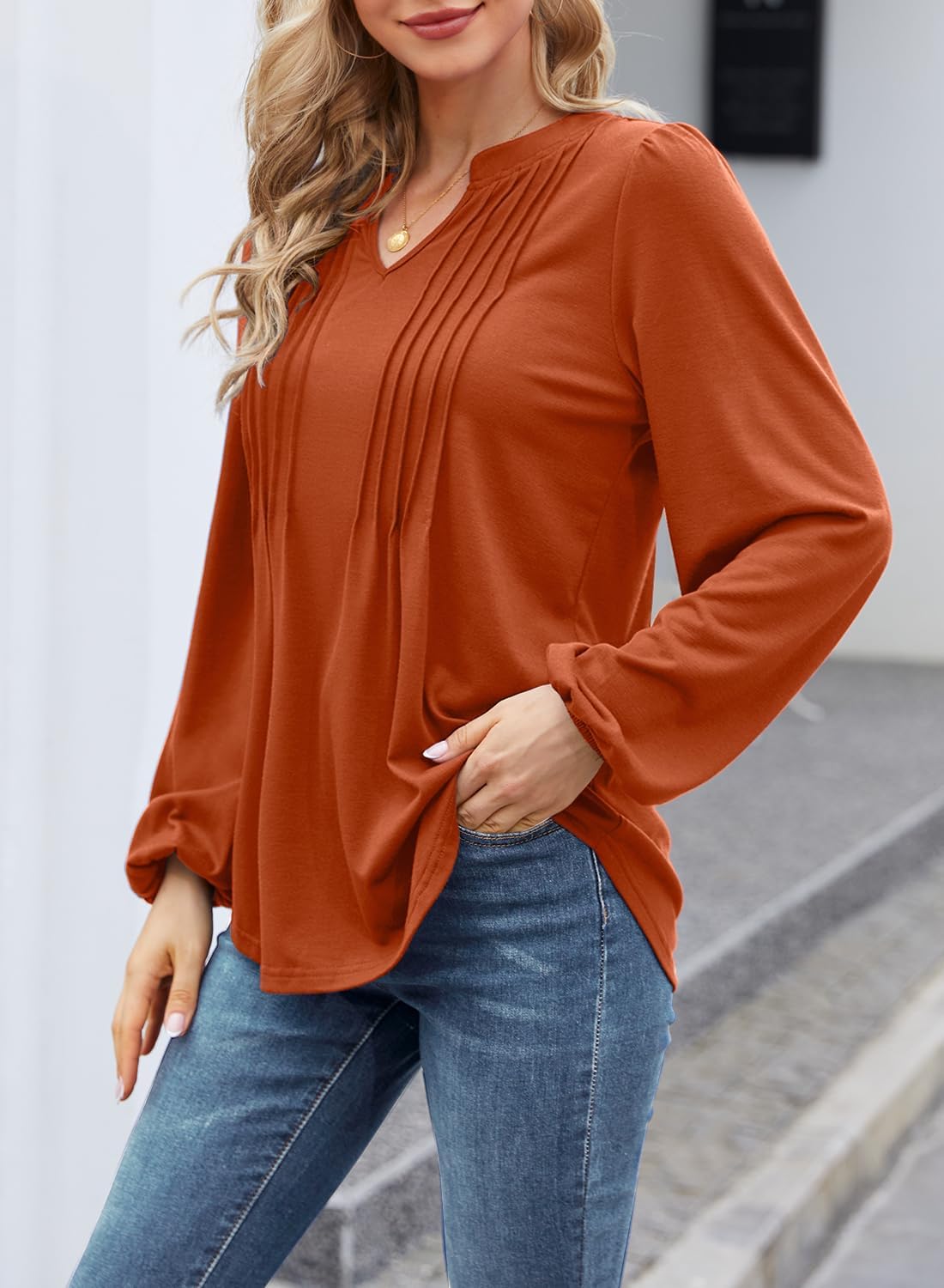 MIHOLL Women's V Neck Puff Long Sleeve T Shirts Pleated Casual Loose Tunic Blouse - Image 6