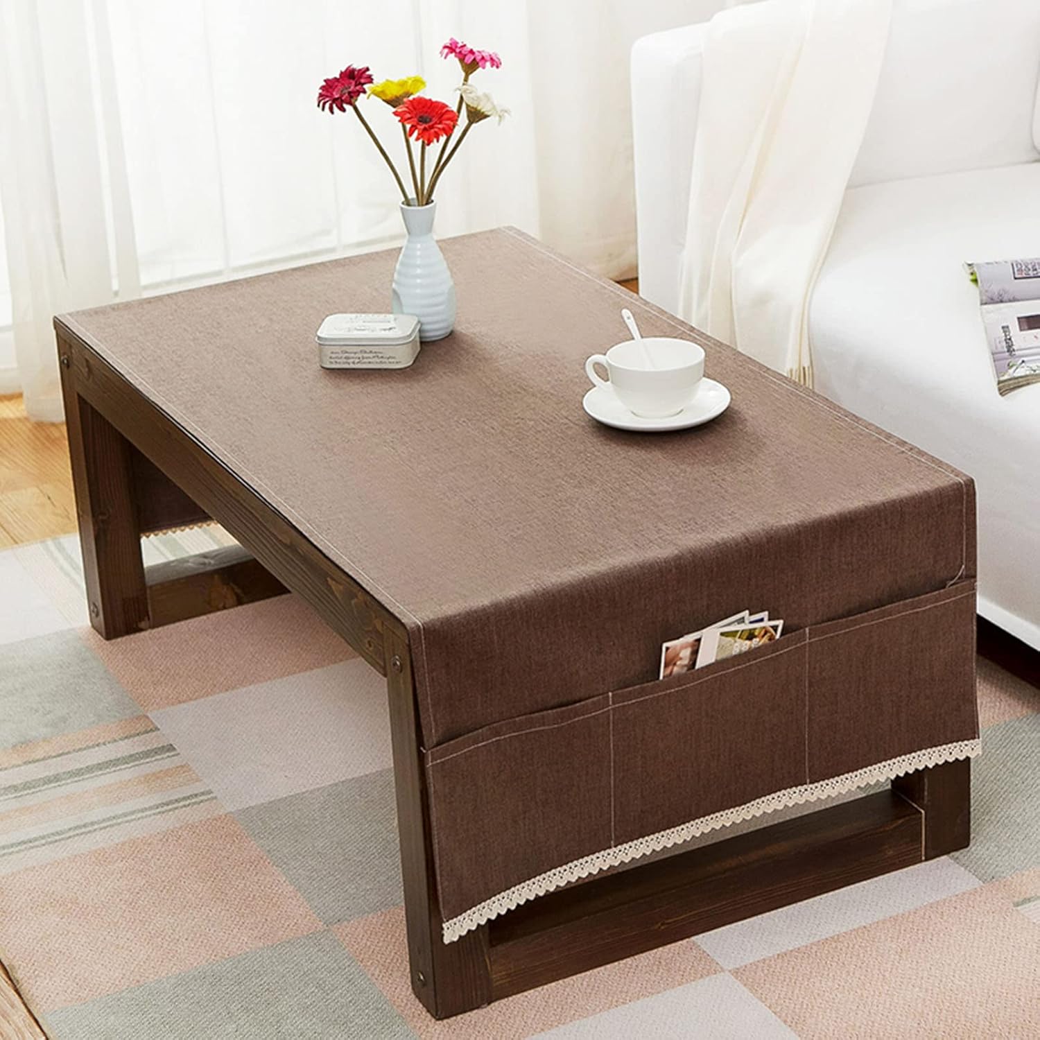 Waterproof Coffee Tablecloth with Pockets, Linen Rectangular Tea Table Cloth Cover Oil proof Washer Dryer Top Covers Washing Machine Cover Fridge Dust Cover Table Runner (Coffee 60*160cm(24x63in))