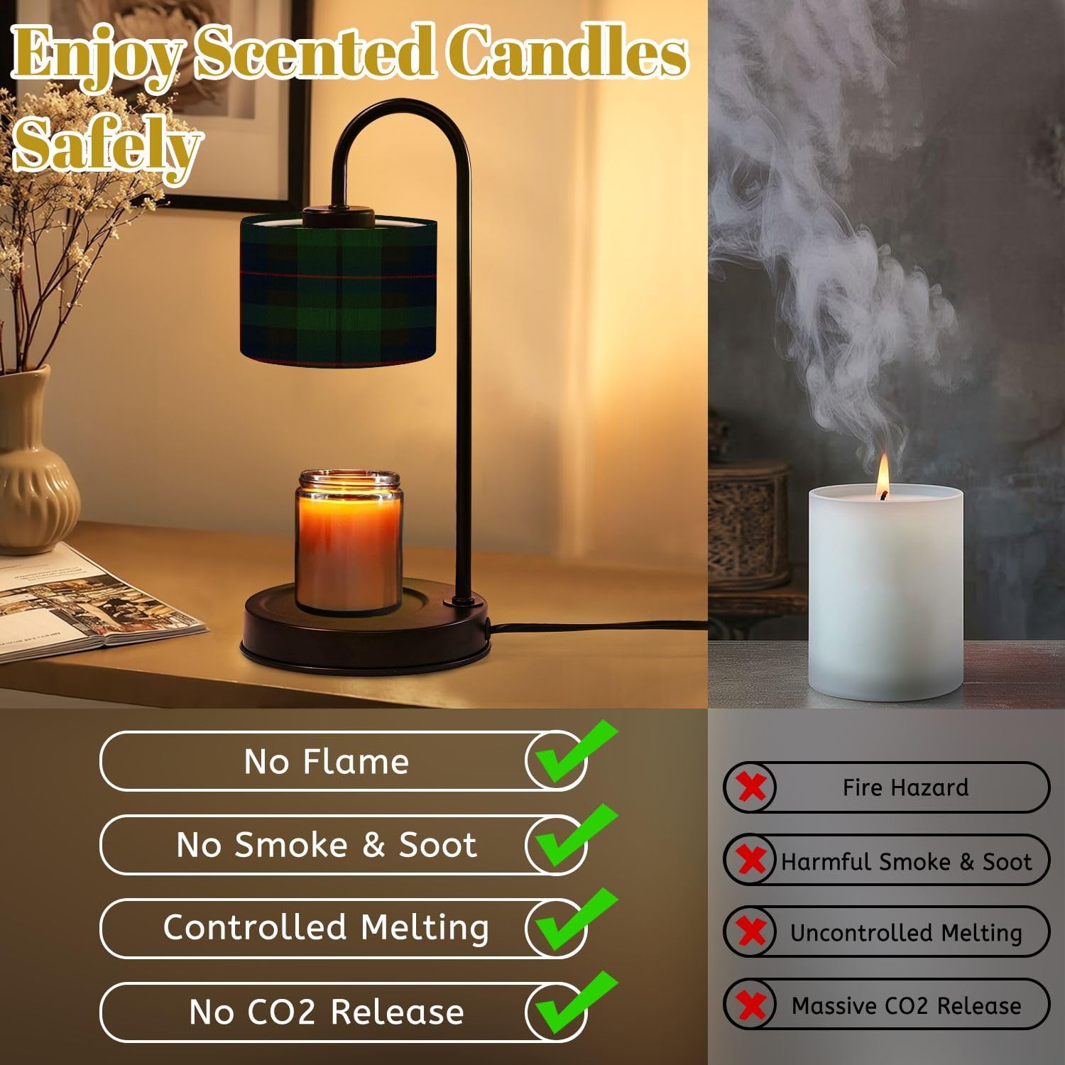Candle Warmer Lamp with Timer Dimmer, Dark Green red Tartan Plaid Scottish Fabric Close up Lamp Candle Warmer with 4 Bulbs for Jar Candles House Warming Women Gifts for Birthday Home Decor