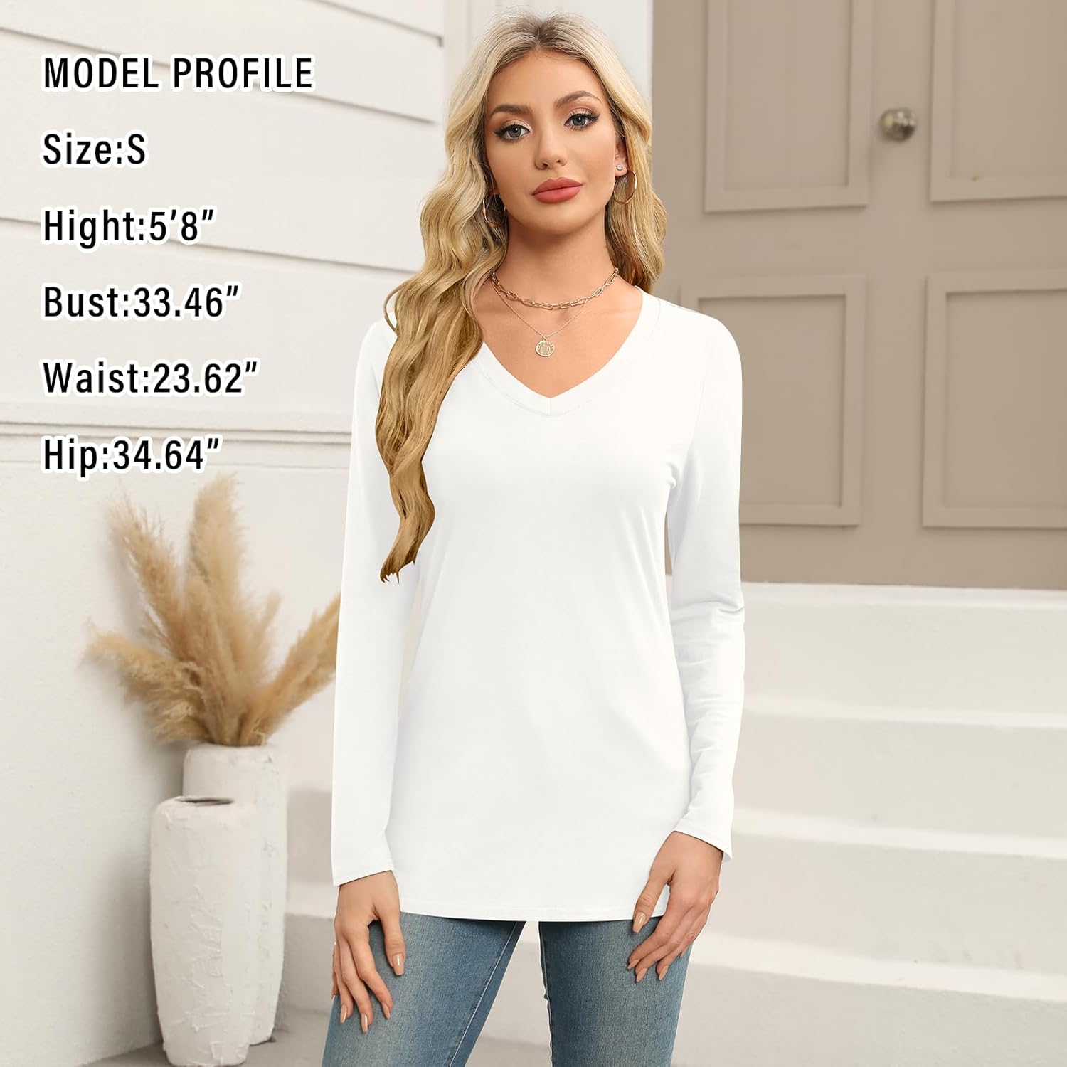 Elesomo Long Sleeve Shirts for Women Cotton Tshirts V Neck Spring Tops Basic Tee - Image 4